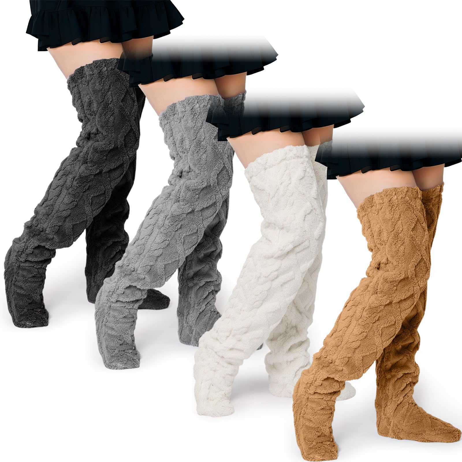 4 Pairs Thigh High Fuzzy Socks for Women over Knee High Plush Slipper Socks Leg Warmers for Winter