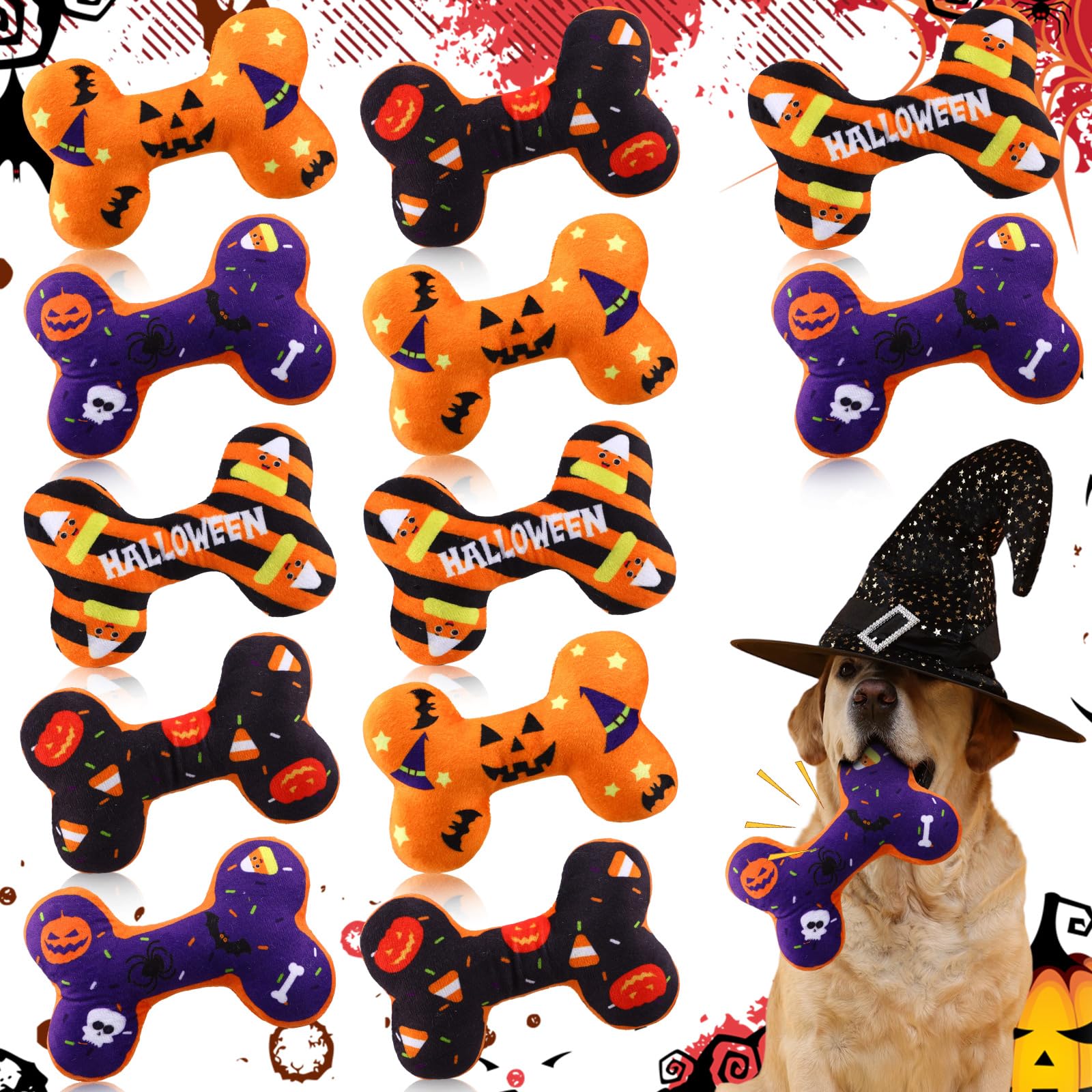 Halloween-Hundespielzeug, Kauspielzeug, quietschendes Knochenplüschtier für Hunde, langlebig, niedlich, interaktiv, gefüllt, mit Quietscher, ideal zum Spielen, Training und Zahnreinigung
