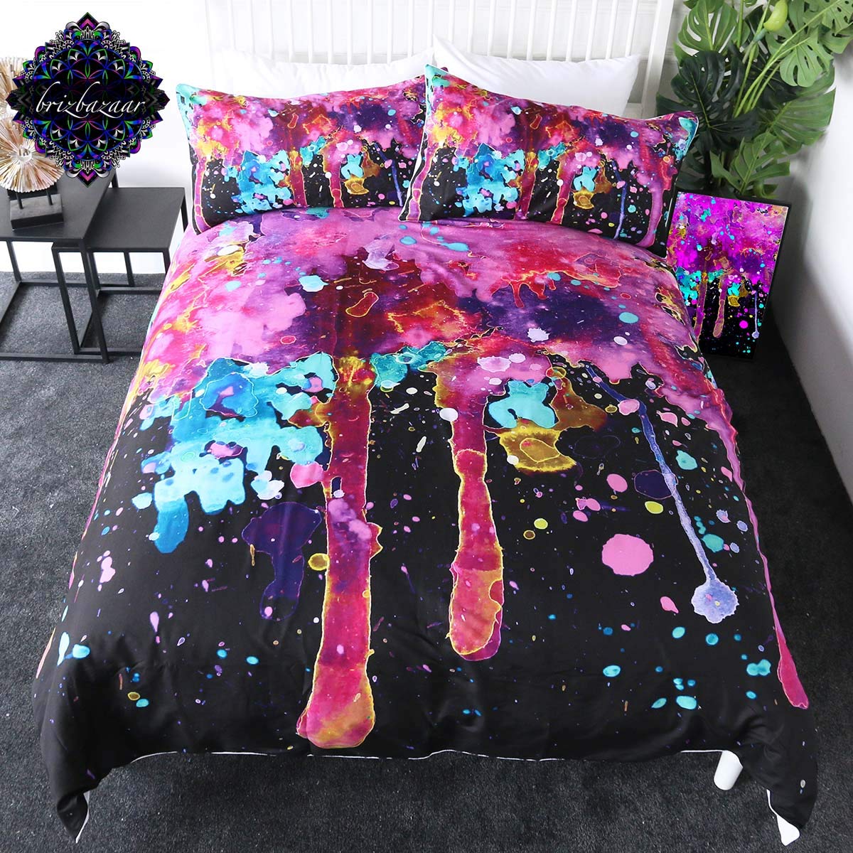 Sleepwish Pink Splatter by Brizbazaar Bedding Set Watercolor Rainbow Splash Bed Set Boho Black Purple Aqua Duvet Cover (Full)