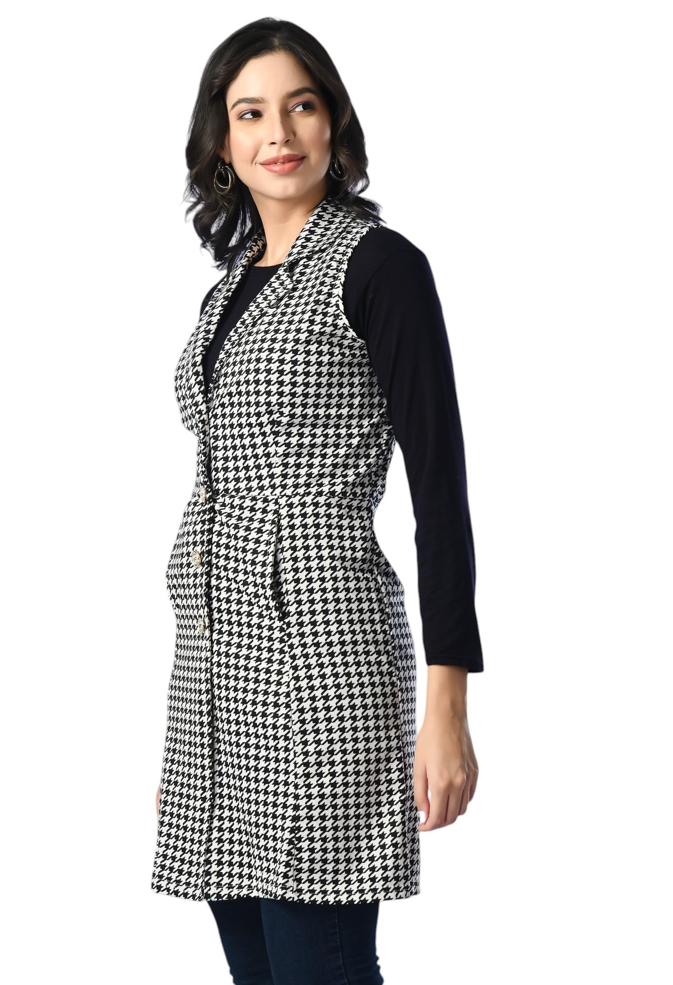 iuga Check Sleeveless Solid Lapel Neck Longline Shrug (430)-picture-45