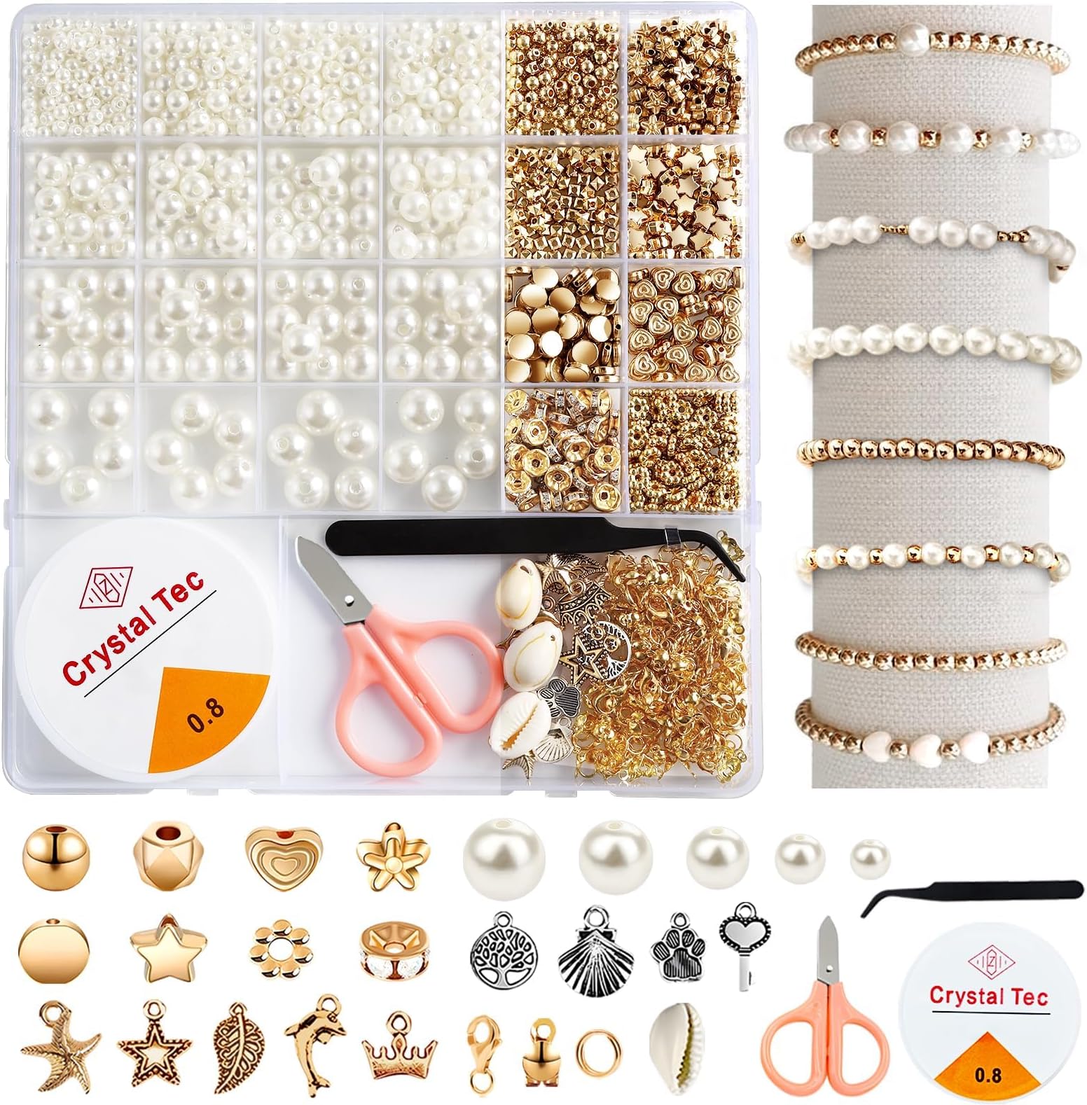 Beads for Bracelets Making Kit, 1200 Pcs Pearl Beads and Gold Spacer Beads Set for Jewelry Bracelet Making Kit, DIY Pearl with String and Charms Jewelry Adults Charms String Crystal Girls Supplies