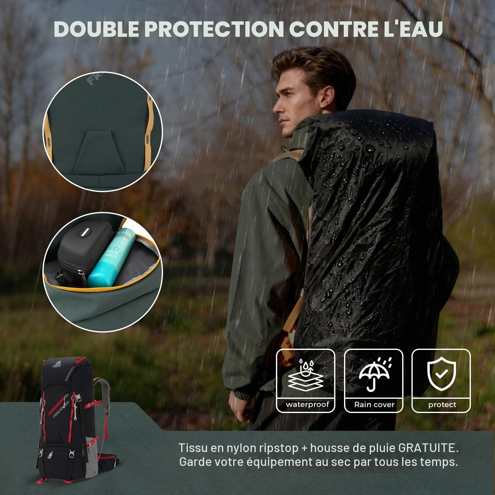 Bseash Sac à dos imperméable de 65 L avec housse de pluie, sac à dos de voyage pour escalade et randonnée