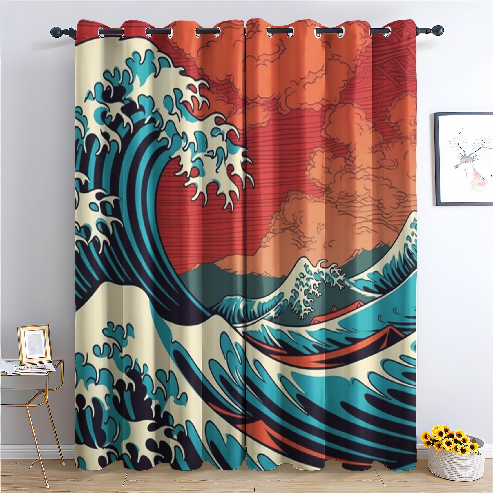 QEODAH Japanese Wave Curtains 183cm Drop, The Great Wave 0ff Kanagawa Patterned Blackout Curtains for Bedroom, Living Room Decor, Soft Thermal Insulated Eyelet Drapes for Windows - 2 Panels