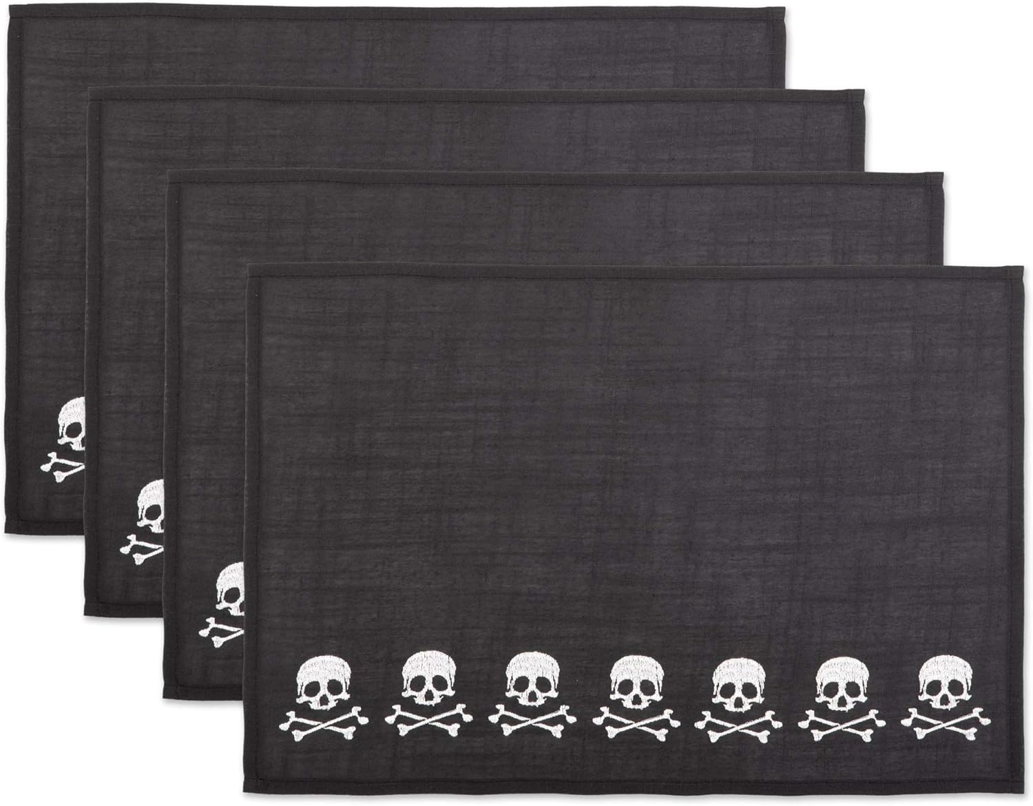 DII Halloween Party Tabletop Decor, Reusable & Machine Washable Cotton Fabric, Placemat Set, 13x19, Skull & Bones, 4 Piece