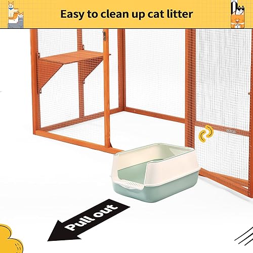 Miniatura 10 de Casa de madera para gatos, recinto para gatos al aire libre, jaula grande para gatos con 3 plataformas, puerta y techo de asfalto, corralito para