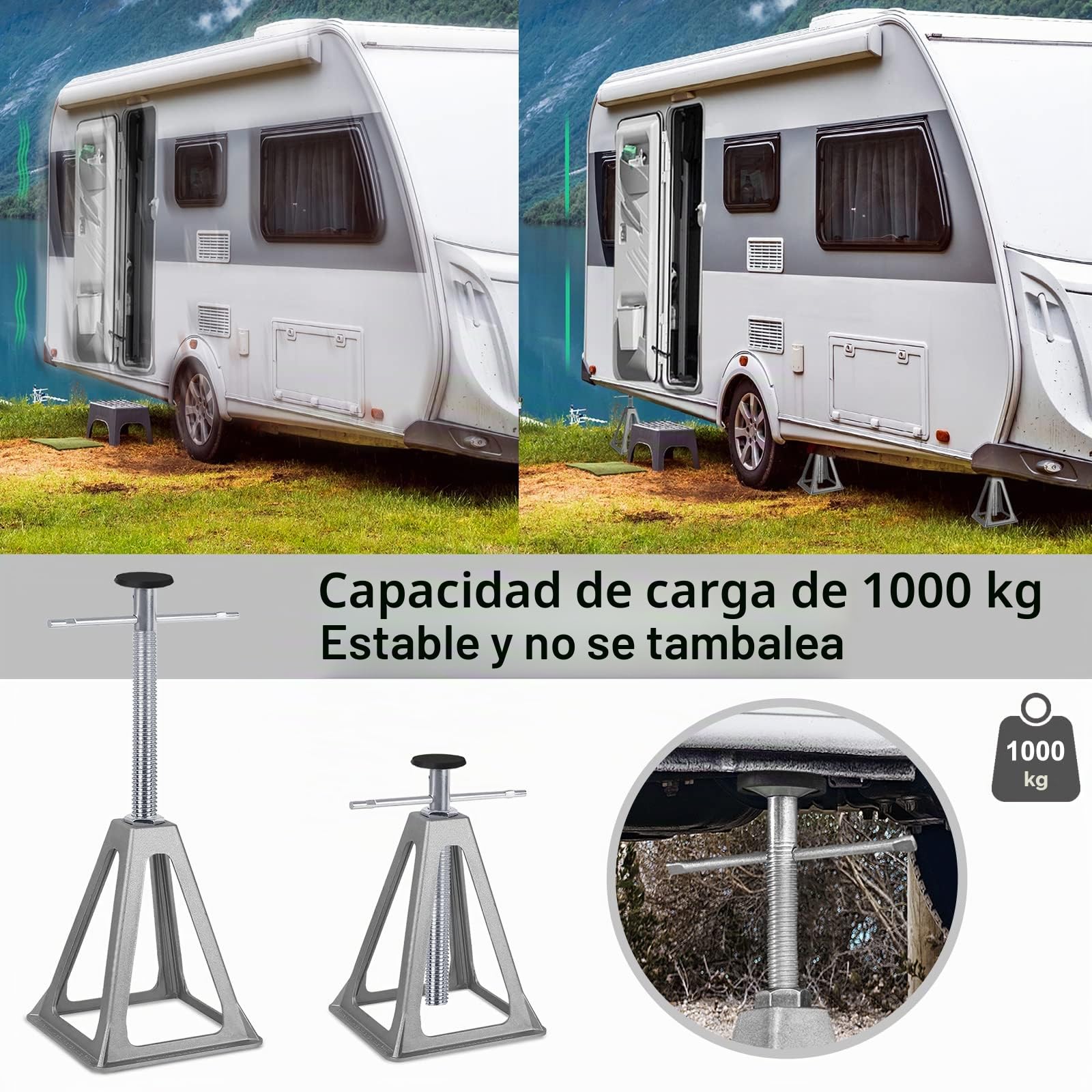 UISEBRT Soporte de Soporte para Caravana, en altura regulable, Soporte de Apoyo para caravanas, accesorios para caravanas, Aluminio, hasta 1000 kg por soporte, juego de 4 unidades
