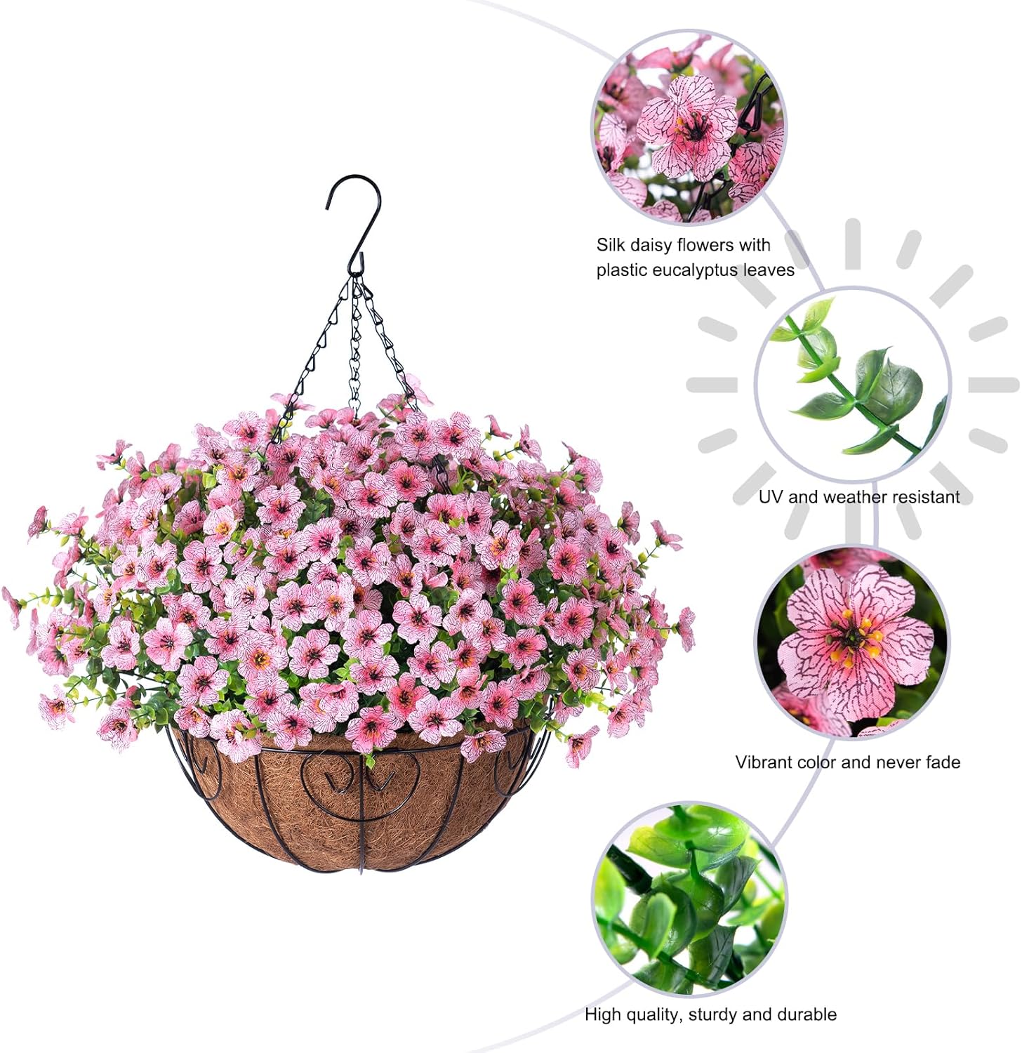 HyeFlora Artificial Fake Hanging Plants Flowers with Basket Outdoor Spring Decor, Faux Silk Pink Daisy in Pot Planter Realistic UV Resistant for Porch Home Indoor Patio Balcony Garden Yard - Image 5