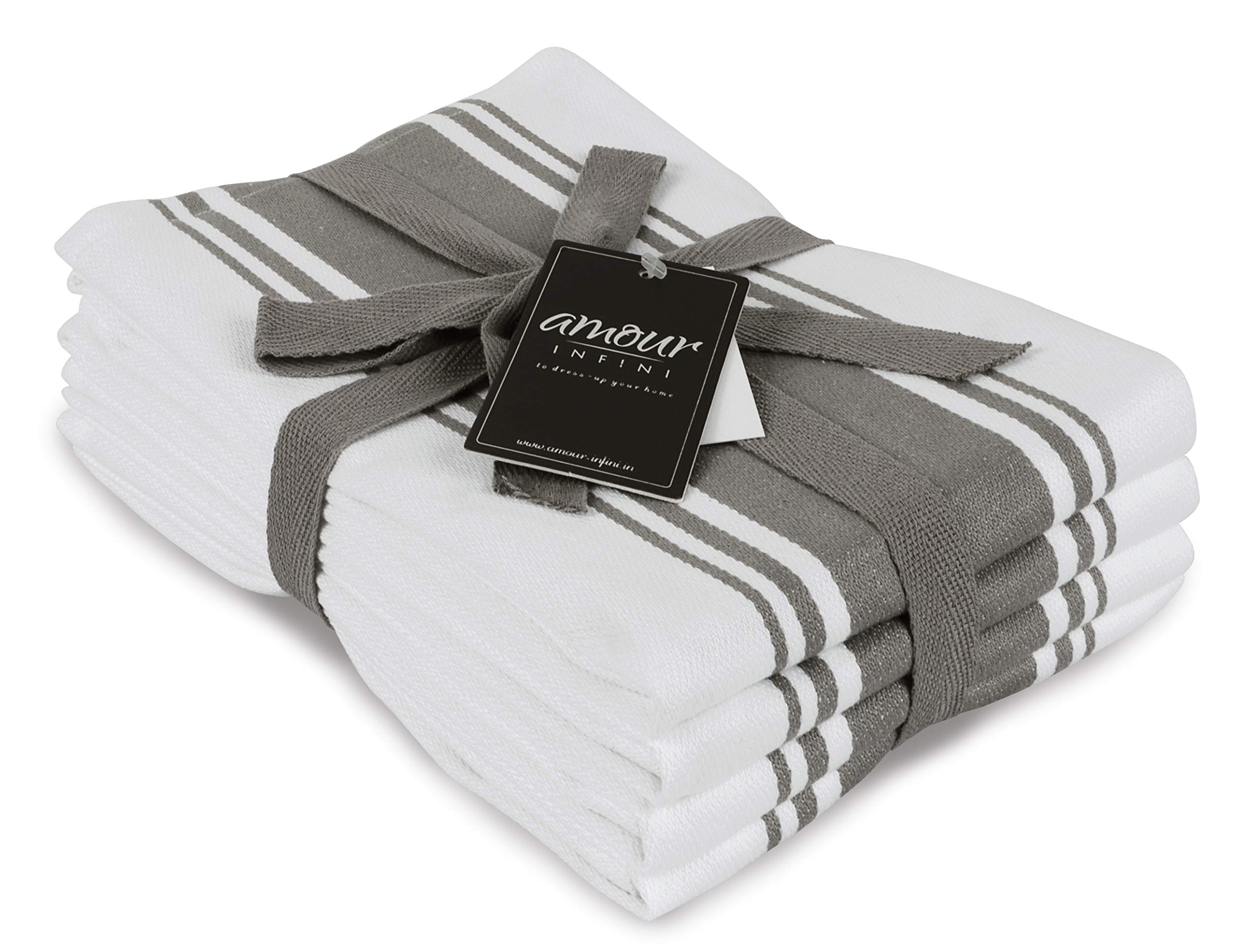 AMOUR INFINI Kitchen Towels 100% Cotton Pack of 4, Highly Absorbent Quick Drying Premium Striped Dish Towel for Kitchen with Hanging Loop Hand & Tea Towels (L.Grey) — image 1