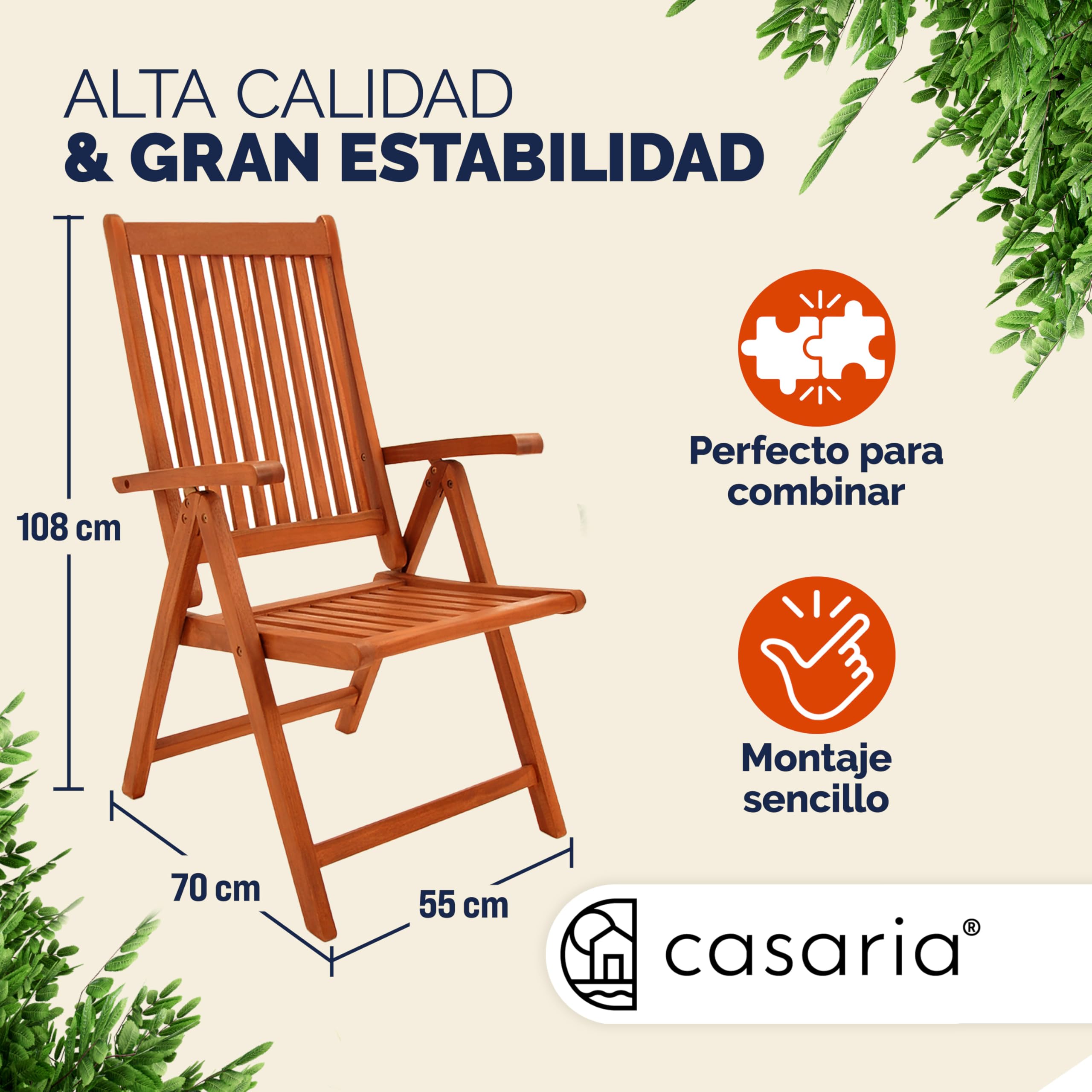 Casaria® Set 4x Sillas de Jardín Exterior Plegables Madera Eucalipto Certificada FSC® Asiento Respaldo Regulable Apoyabrazos Mobiliario Apilable Invernadero Balcón Terraza Patio Camping 55x70cm Marrón
