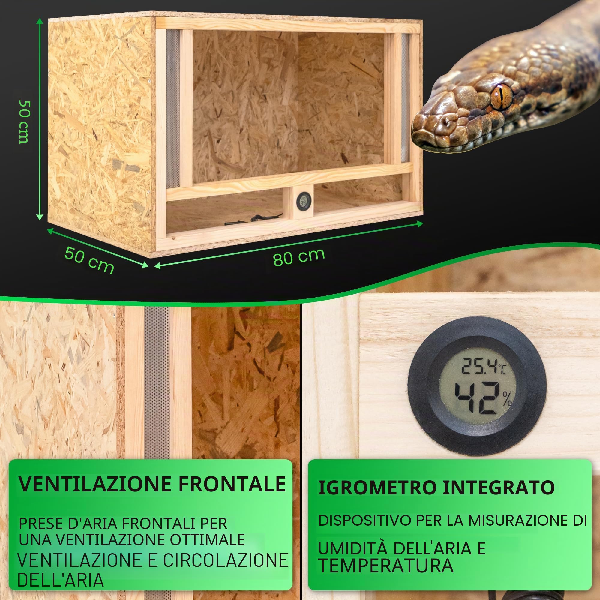 ITA Terrario in legno 80x50x50 cm con ventilazione frontale e igrometro integrato - Terrario in legno OSB-3 - Per rettili, serpenti, anfibi - Prodotto UE, certificato FSC