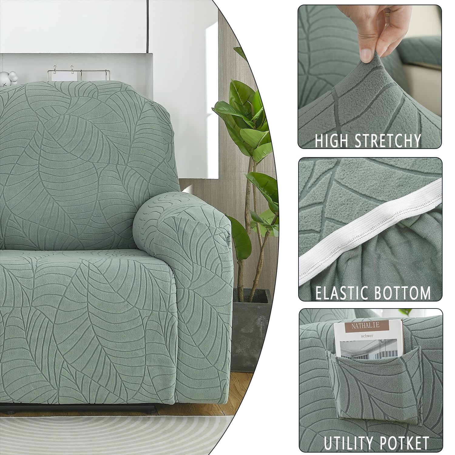 Fundas para sillas reclinables jacquard de 2024, funda elástica de poliéster y elastano, funda de sofá reclinable con bolsillo lateral elástico, funda para sillón (verde matcha, 2 plazas)