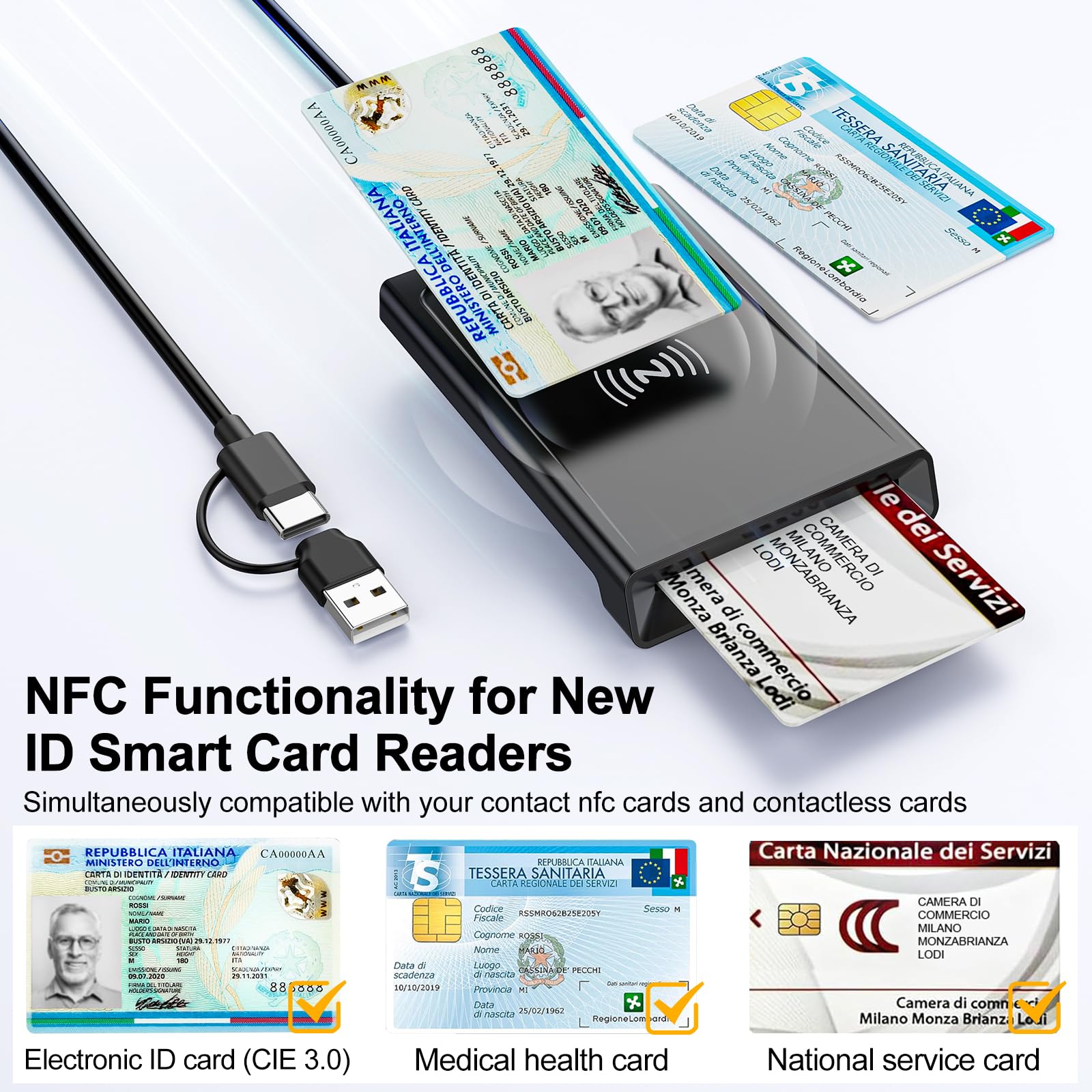 Lettore CIE 3.0 Carta d'Identità e Tessera Sanitaria,USB-A + USB-C Lettore Smart Card Firma Digitale,Lettore Carta Identita Elettronica Contatto e Contactless CIE/CRS/CNS Smart Card NFC per Windows
