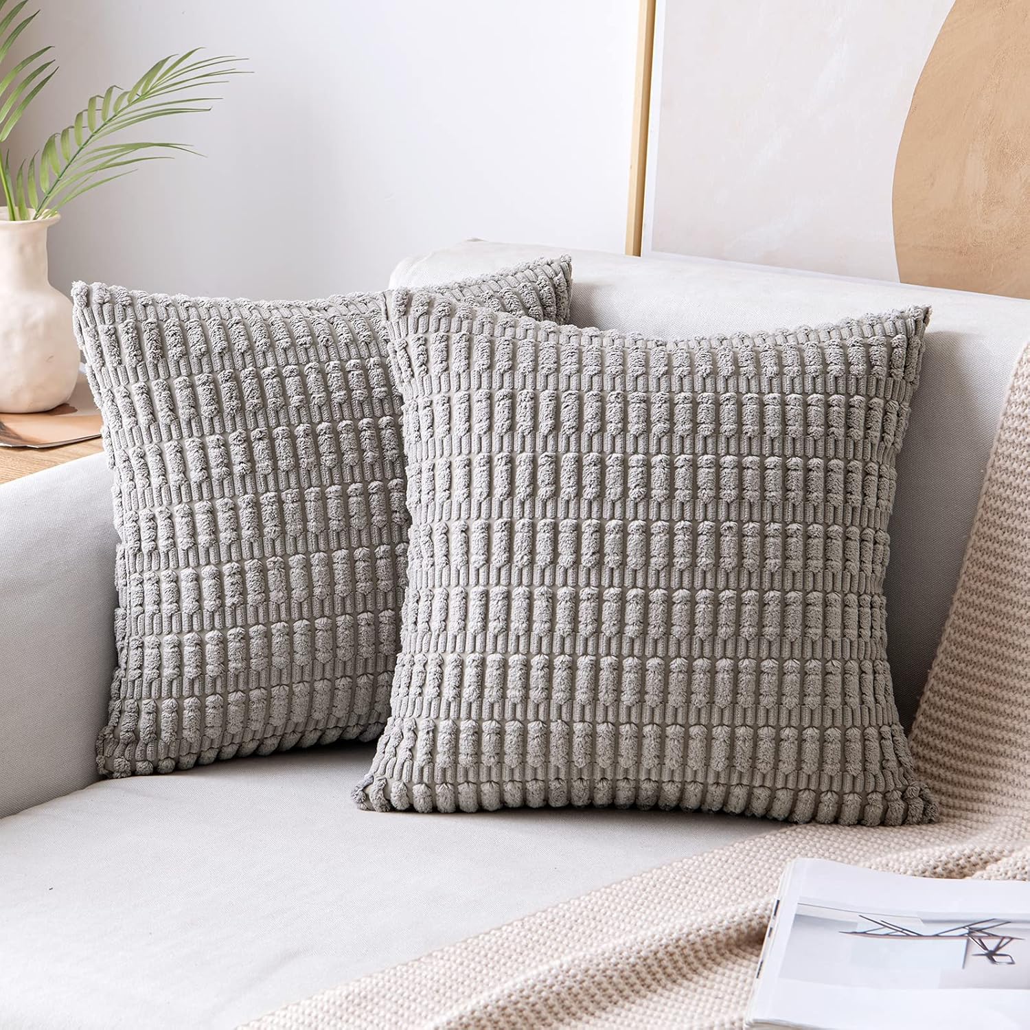 MIULEE Pack of 2 Corduroy Decorative Throw Pillow Covers 22x22 Inch Soft Boho Striped Pillow Covers Modern Farmhouse Home Decor for Sofa Living Room Couch Bed Light Grey 22" x 22" (Pack of 2) Light Grey