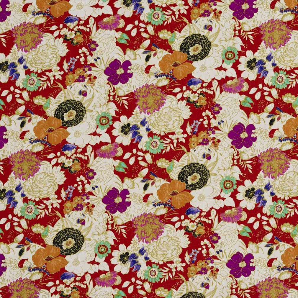 Red, Purple and Turquoise Abstract Floral Print Upholstery Fabric by The Yard - SKU: Garfield Red