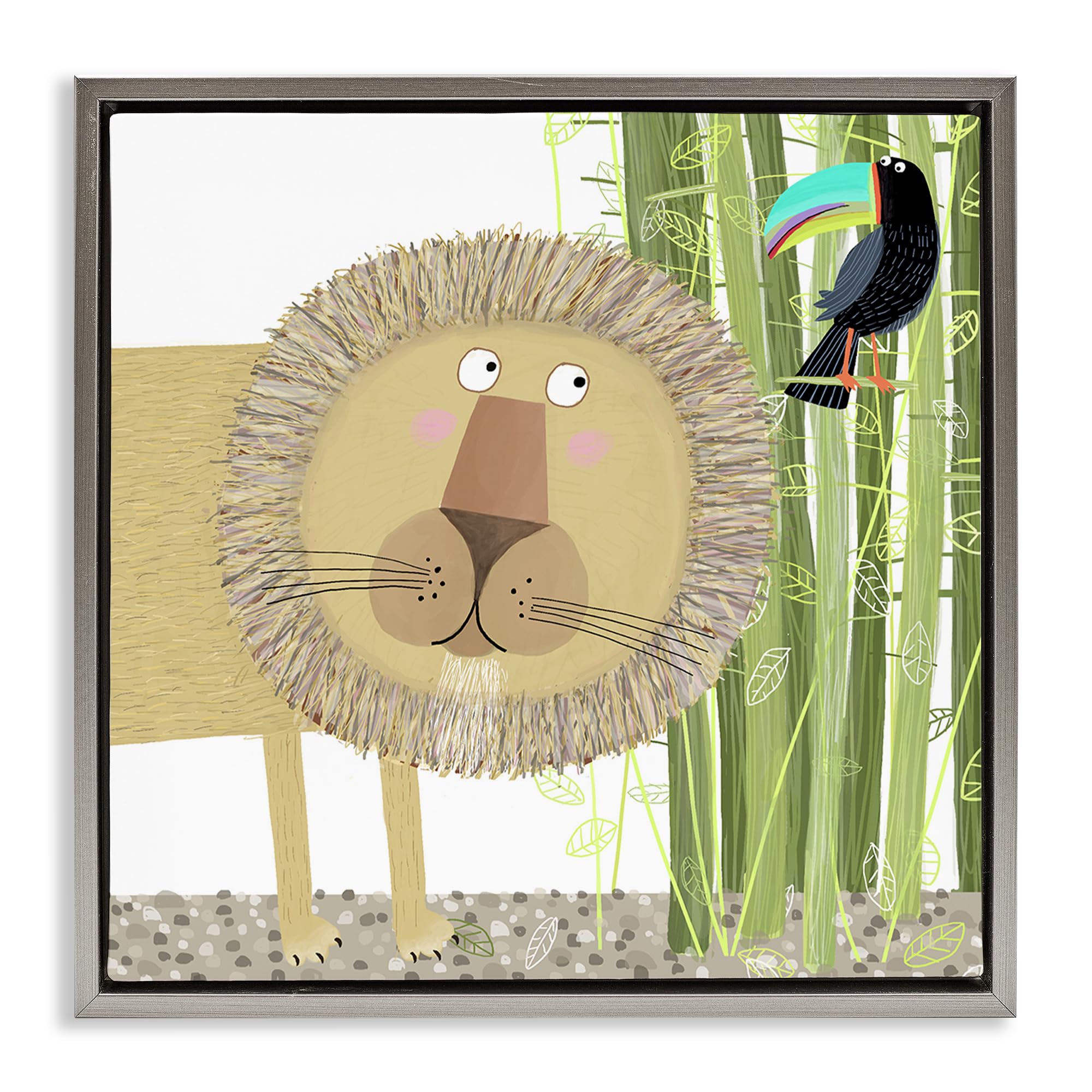 Stupell Industries Luster Gray (Matte) 'Lion With Bamboo Trees & Toucan'| Floating Frame Canvas Art
