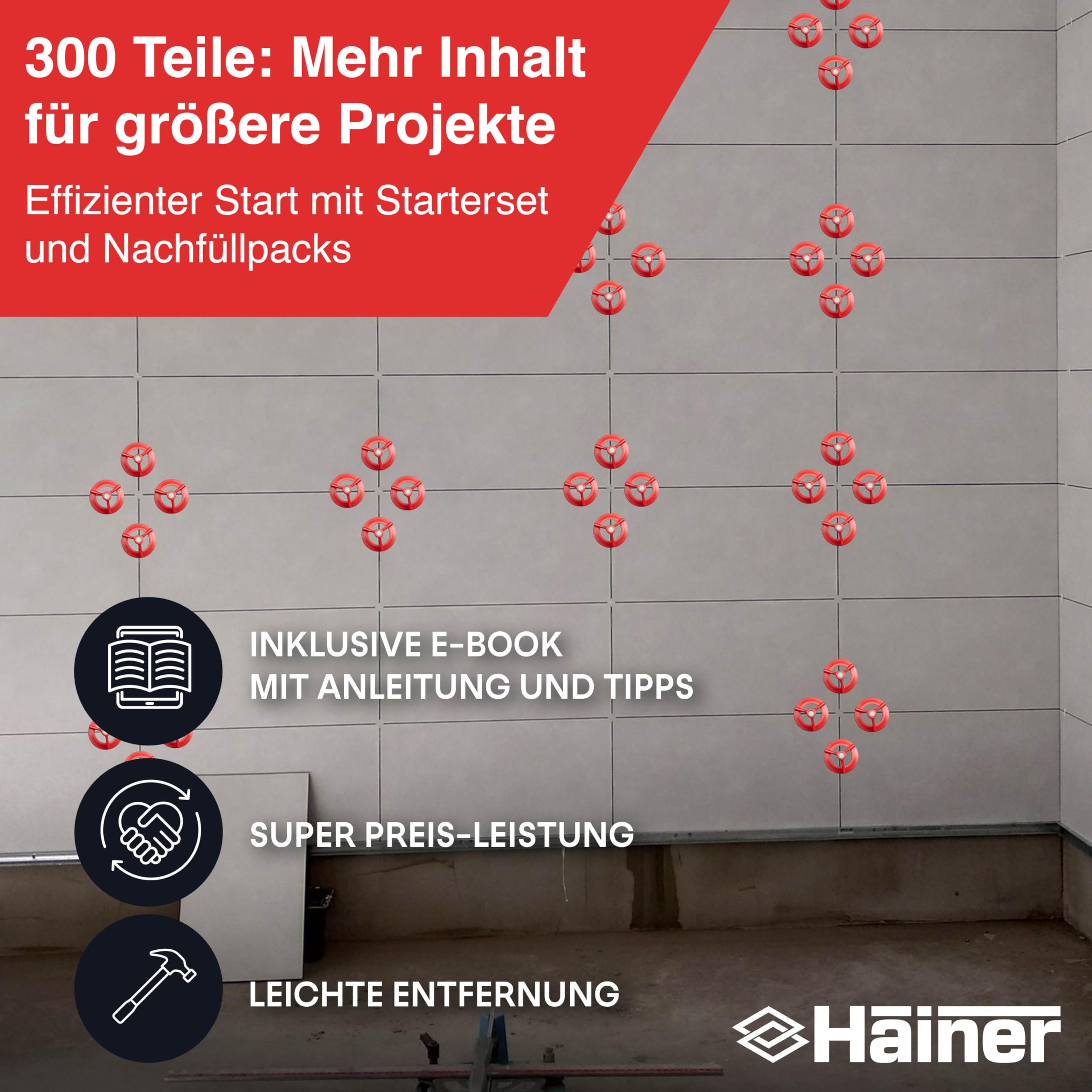 Hainer® Premium Fliesen Nivelliersystem Fliesenverlegehilfe | Saubere Fugen durch perfekte Abstandshalter, für Heimwerker & Profis inkl. Ebook und Anleitung (Set 100 Hauben + 200 Laschen, 2mm)