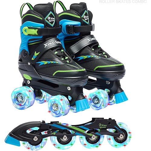 XINO SPORTS 2 in 1 Combo, Kids Roller Skates | Inline Skates - Interchangeable LED Light Up Skates for Kids Ages 6-12, Teens & Adults, Inline Skates for Girls and Boys, Adjustable Roller Skates Blades