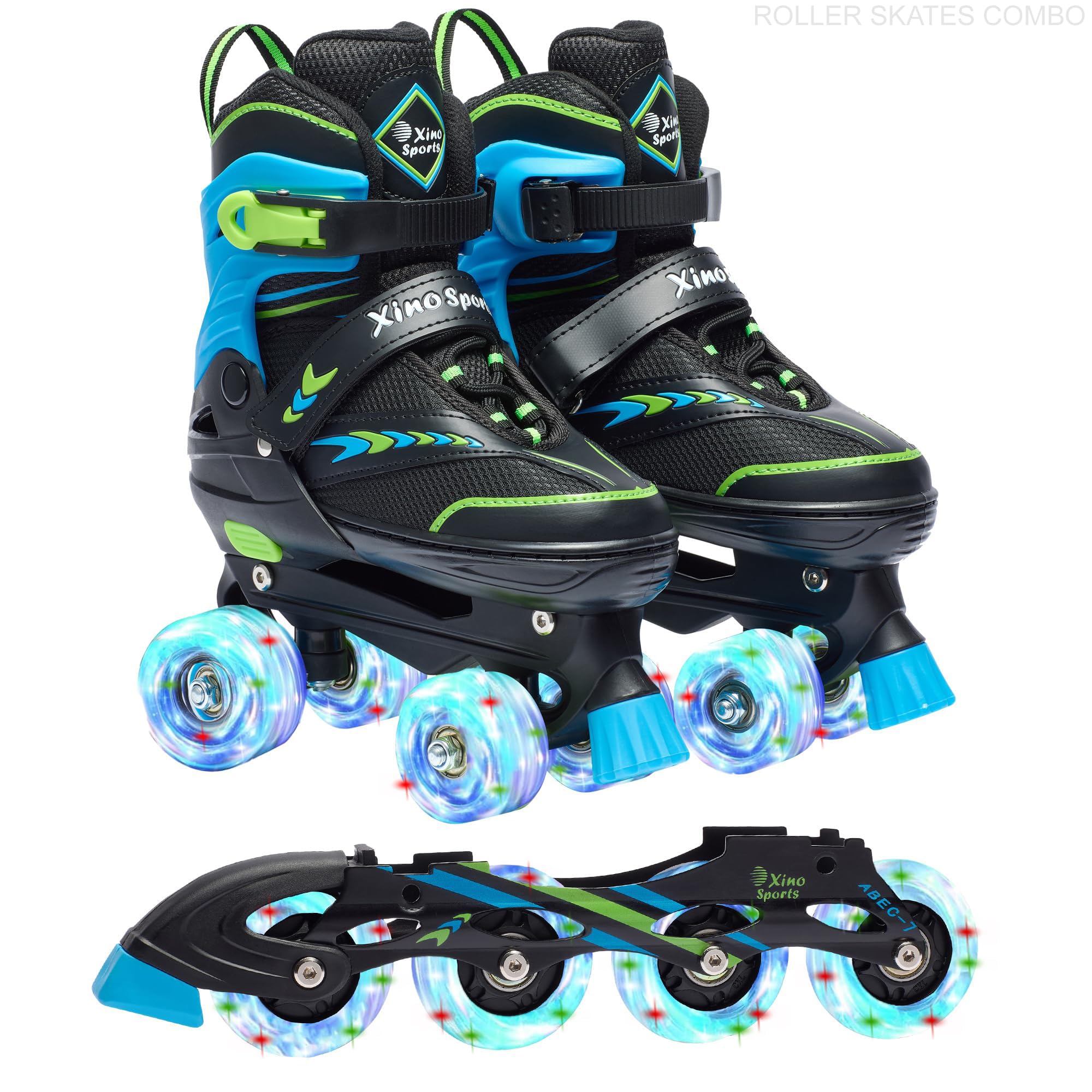 Xino Sports 2 in 1 Adjustable Combo Skates - Illuminating LED Light-Up Wheels, Interchangeable Skates, Perfect for Boys and Girls, for Indoor and Outdoor Use, Fun and Durable (Green, Medium - 1-4)