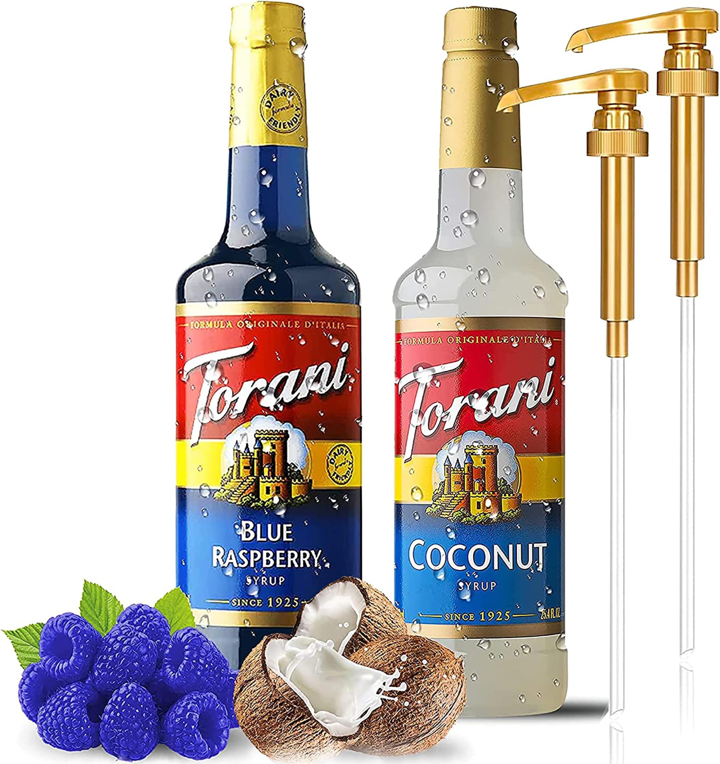 Jimoco Torani Coffee Syrup Variety Pack - Blue Raspberry and Coconut Syrup for Coffee with 2 Syrup Pump Dispenser Compatible with Torani Syrup
