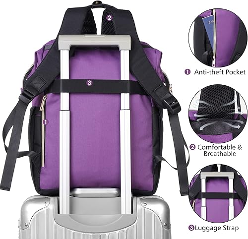 Miniatura 4 de MOMUVO Mochila para laptop para mujer con puerto USB, resistente al agua para estudiantes, Violeta Negro, 17,3 pulg., Moderno
