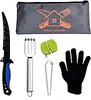 Kit de limpeza de peixe, 6 peças, faca de filete de peixe com bainha, luvas resistentes a corte, removedor de escamas de peixe, pedra de amolar de dupla face, pinça de espinha de peixe, bolsa de