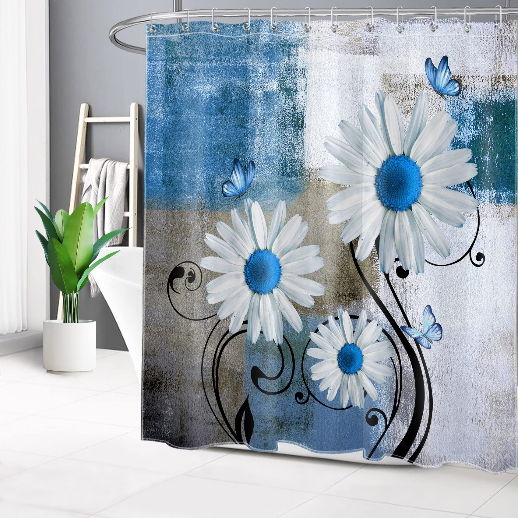 Cortina De Ducha Graffiti Azul Beige - Impermeable, Antimoho, 200x220cm, Incluye 12 Ganchos