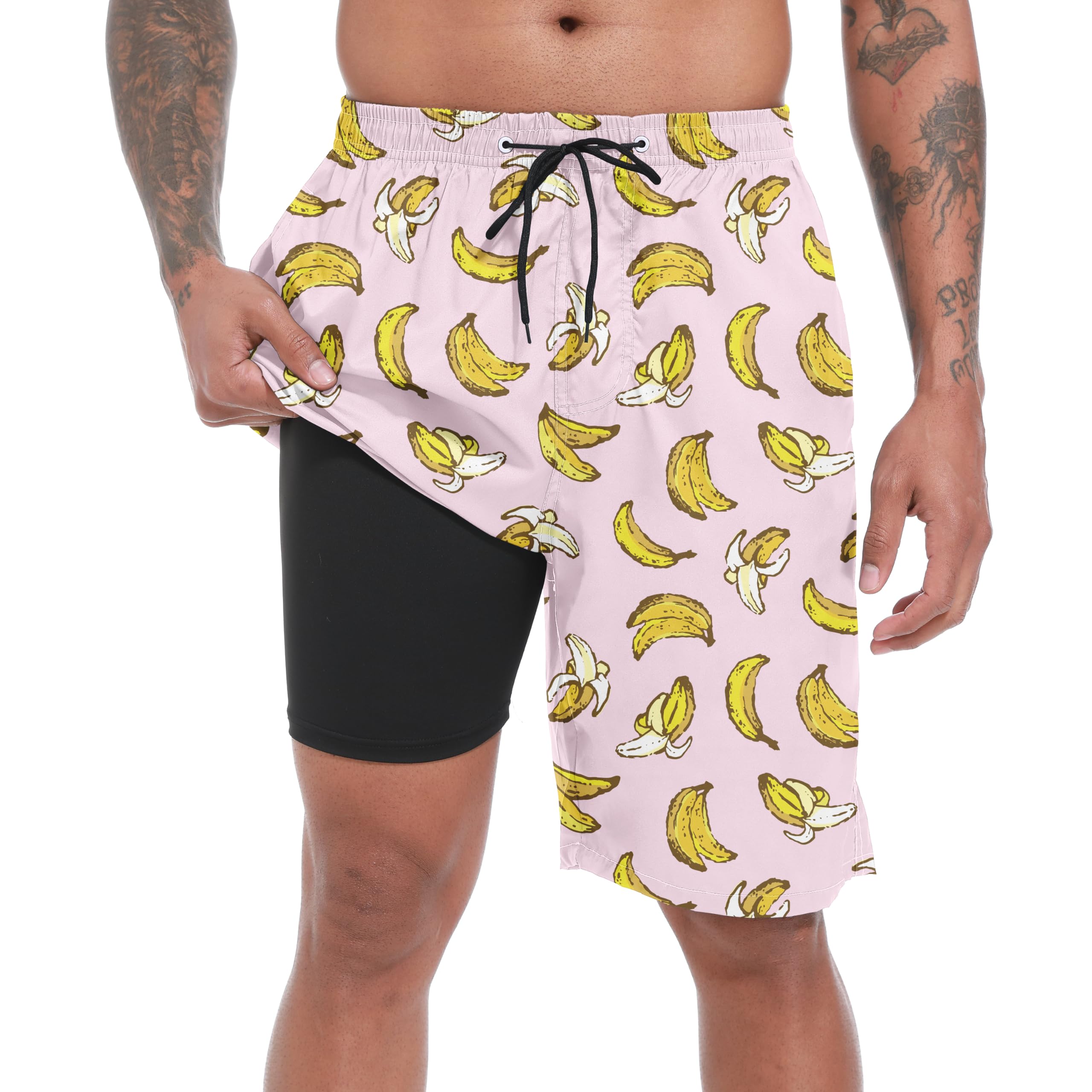 Ft Fenteng Men's Pink Banana-C Swim Trunks With Compression Liner 9" Stretch Board Shorts 2 In 1 Quick Dry Swimwear Bathing Suits, X-Large