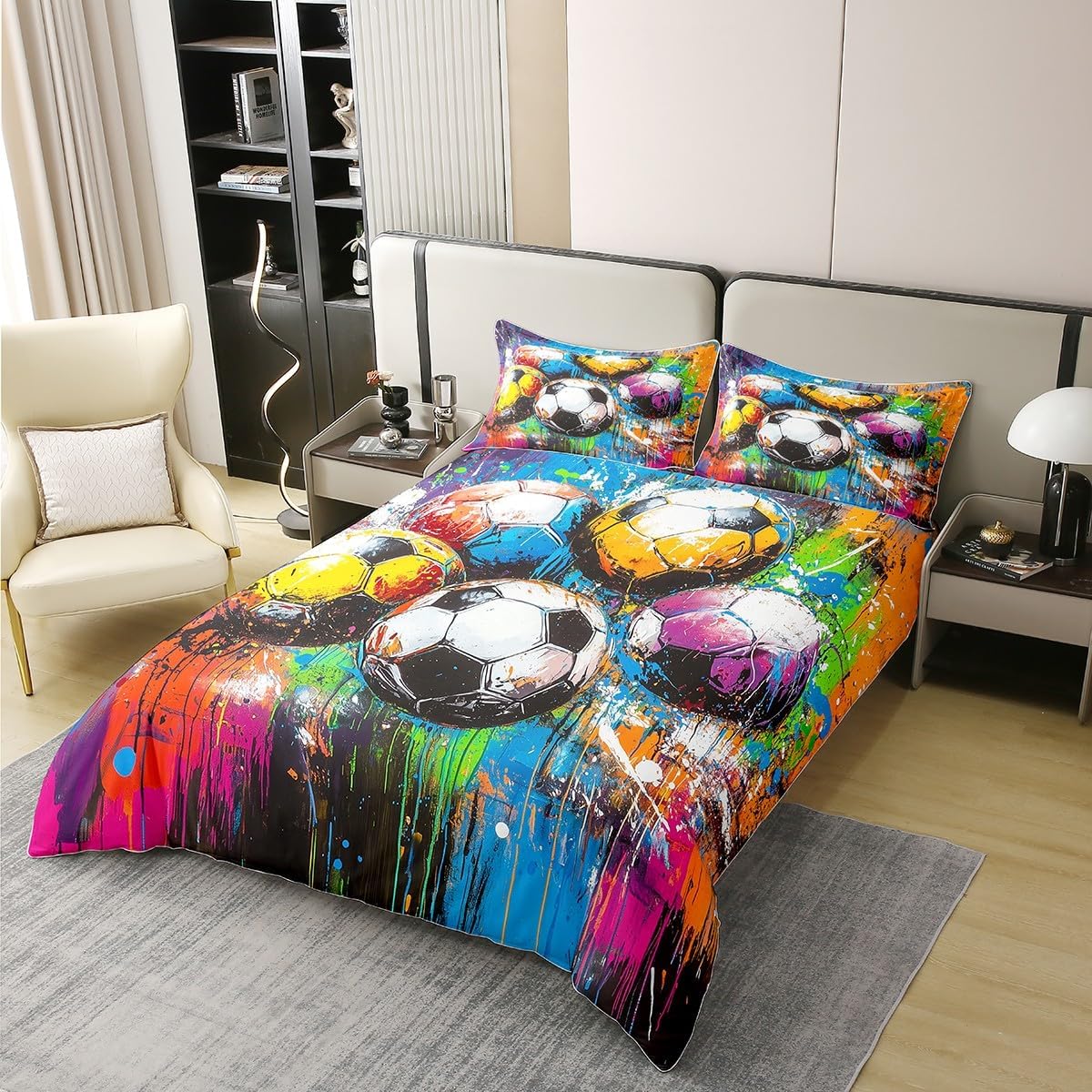 Football Sports 100% Cotton Bedding Set Twin Graffiti Tie Dyed Duvet Cover Set Soccer Ball Game Comforter Cover for Kids Boys Girls Yellow Purple Bedspread for Room Decor (No Comforter)