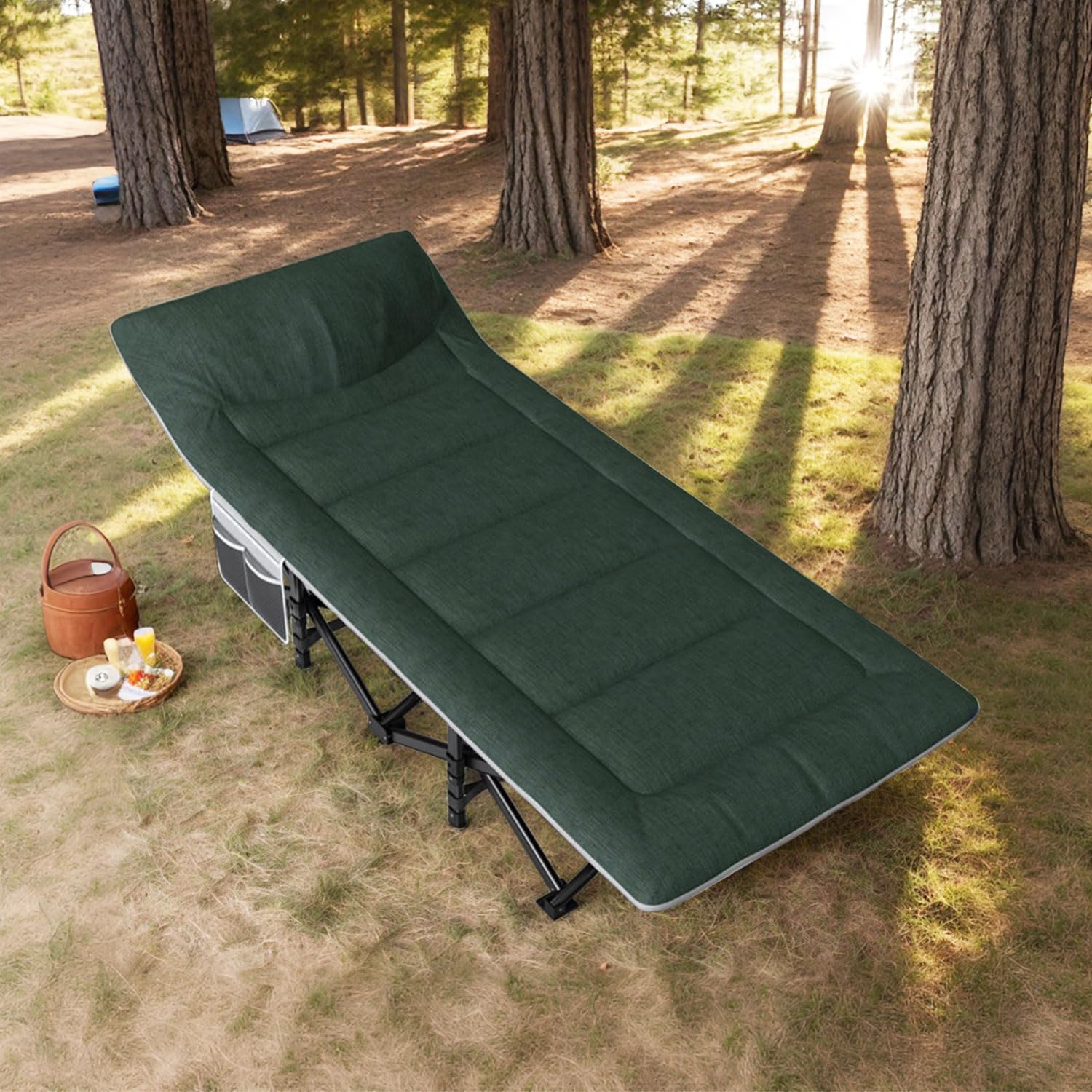 ATORPOK SHOP Lettino da campeggio per adulti con cuscino e cuscino, comodo lettino da campeggio da viaggio per dormire, culla portatile con borsa per il trasporto, supporta 204 kg (verde)