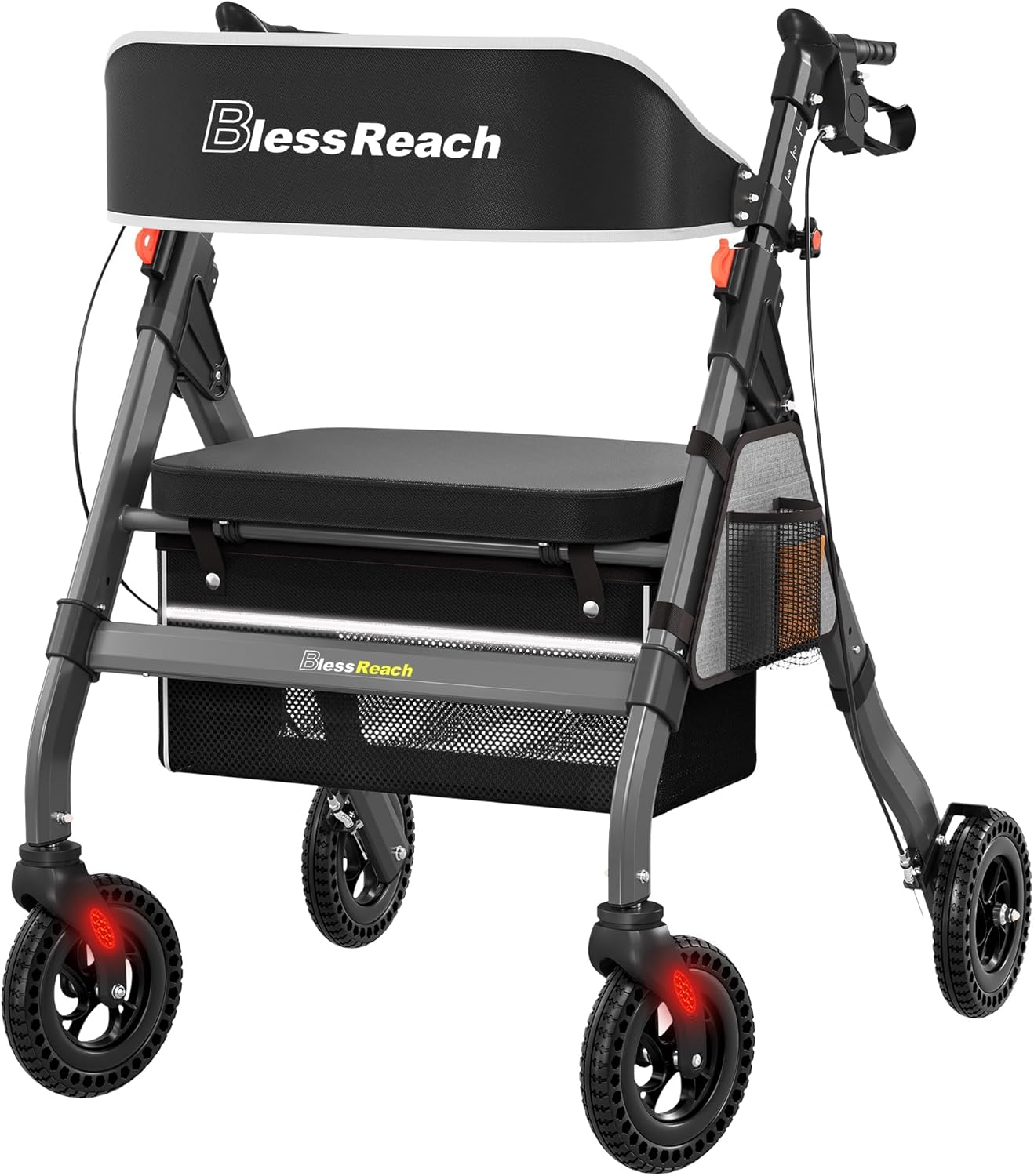 Foldable Rollator Walkers with Seat for Seniors, 450 lb Capacity, 8” Wheels, 18″ Big Seat, 6-Position Height, Heavy-Duty Aluminum Rolling Walker (Gray)