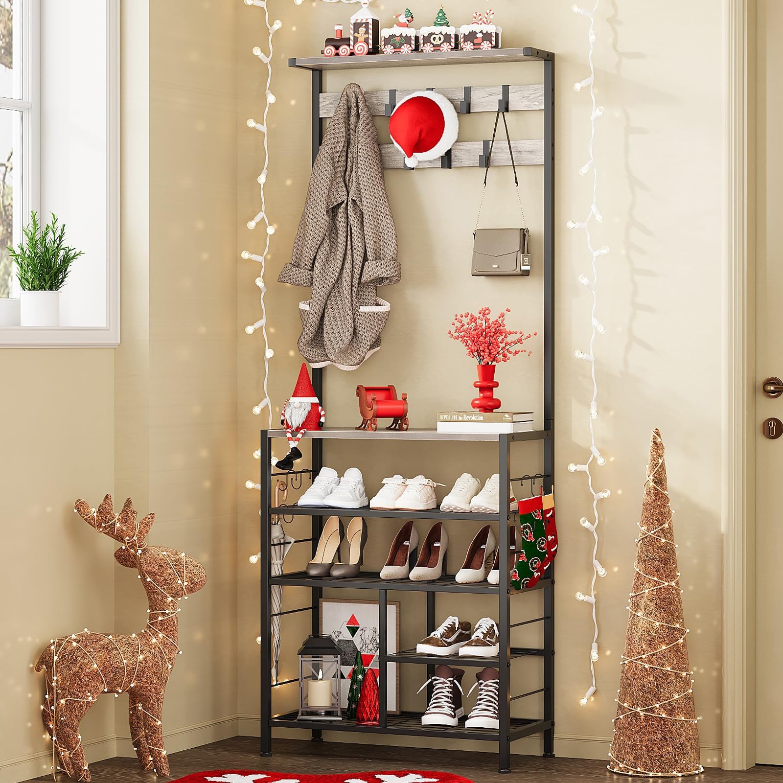GiftGo Vintage Large 5-Tier Hall Tree with Console Table Entryway Coat Rack Floor Standing Shoes Rack Storage Shelf Organizer for Home Office Bedroom (Greige)