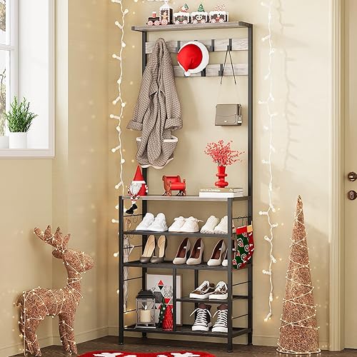 GiftGo Árbol de pasillo grande vintage de 5 niveles con mesa de consola, perchero de entrada, estante de almacenamiento para zapatos, estante