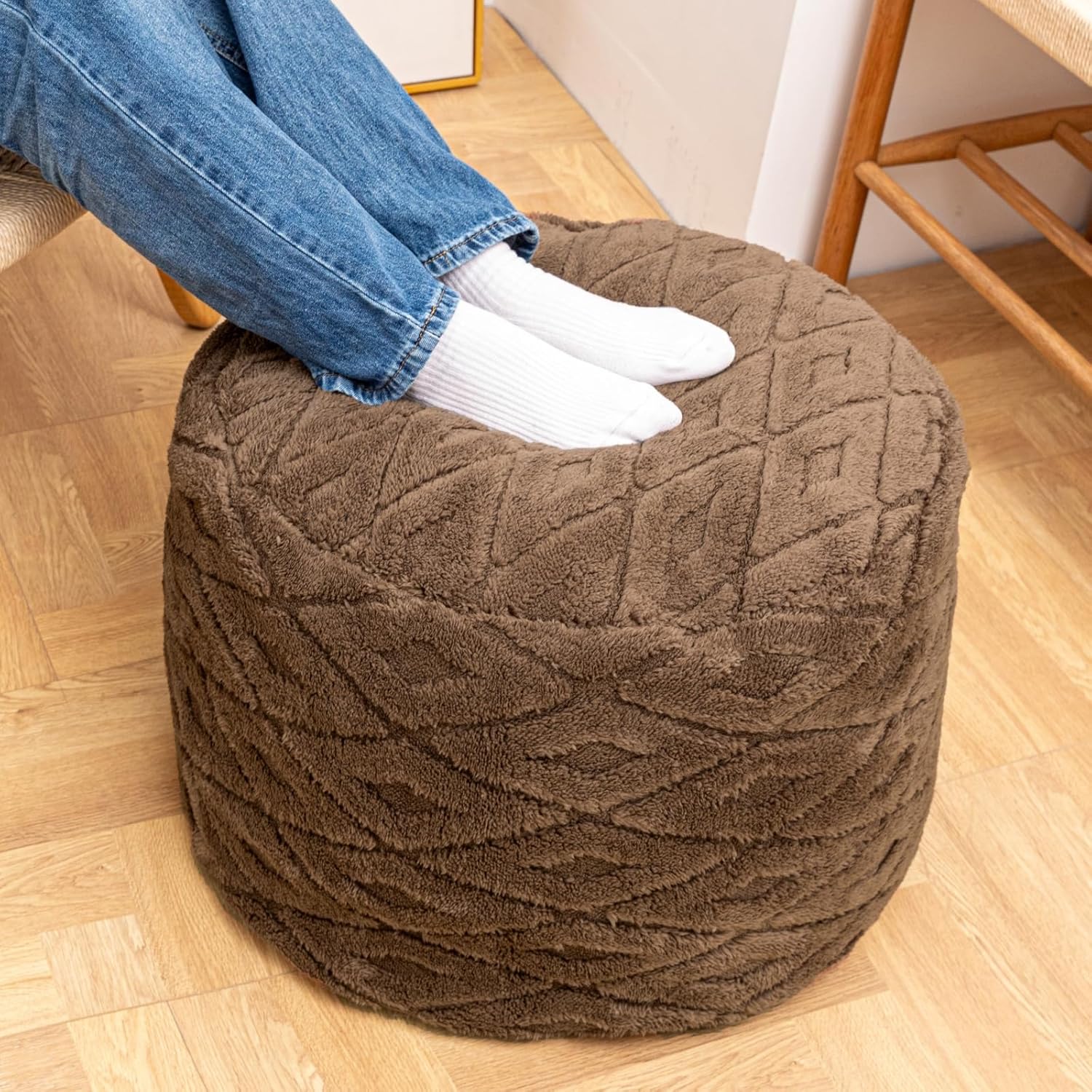 Unstuffed Pouf Cover – No Filler Storage Ottoman, Multi-Functional Footrest & Floor Chair for Living Room, Bedroom, Balcony (Coffee, 26x26x18 Inches)