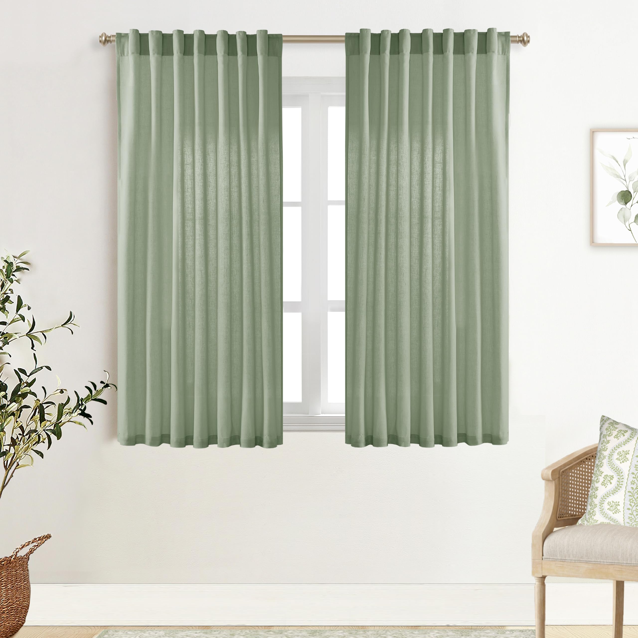 XTMYI Sage Green Back Tab/Hook Belt Linen Cotton Sheer Curtains 45 Inch Length for Bathroom Bedroom 2 Panels Set