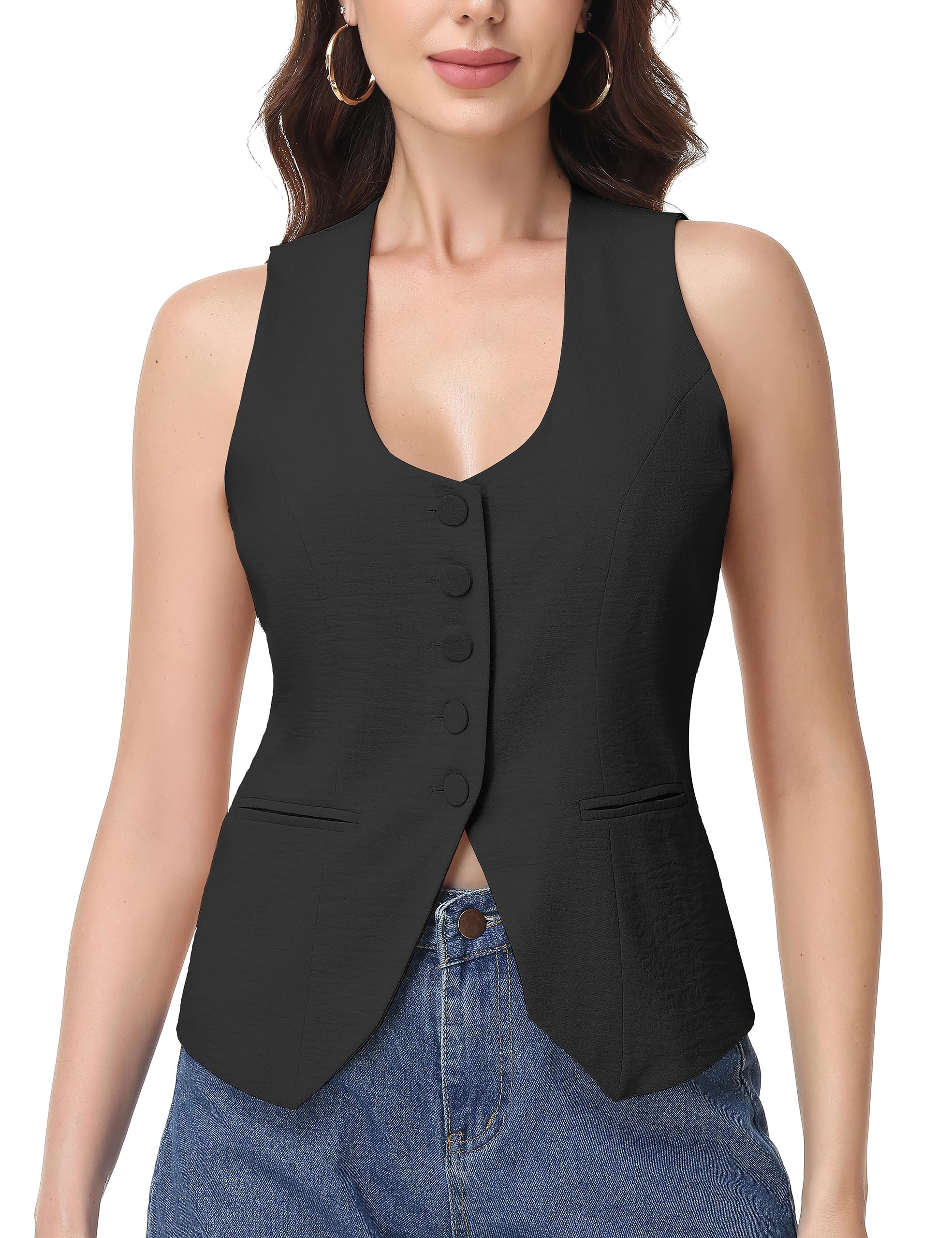 Vest Tops for Women Scoop Neck Sleeveless Fitted Waistcoat Button Work Blazer Casual Business Summer Crop Tops