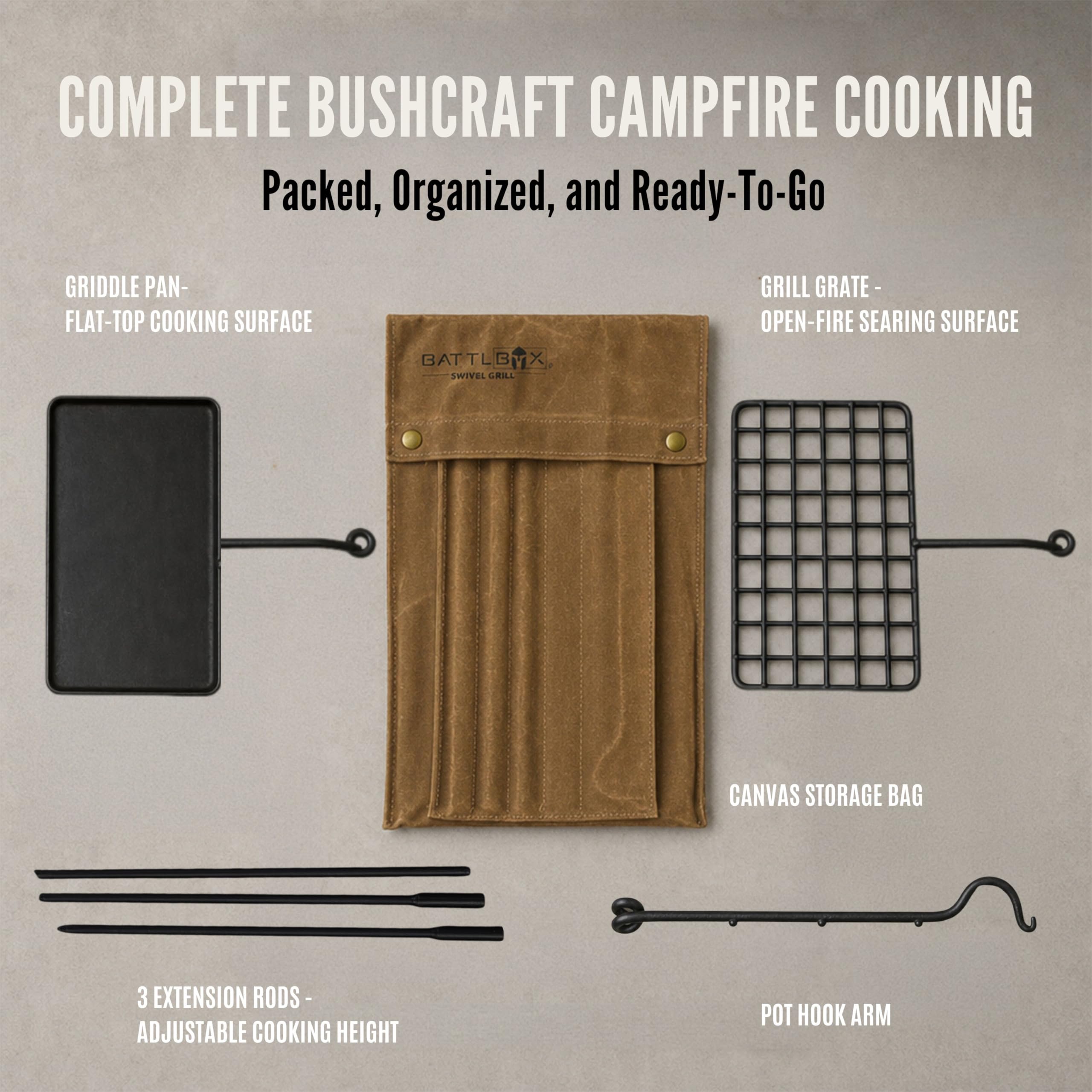BATTLBOX Bushcraft zestaw grilla, stalowy ruszt do gotowania na ognisku, obrotowy grill na świeżym powietrzu, otwarty ogień, pakowany zestaw do gotowania przy ognisku, wytrzymały grill kempingowy,