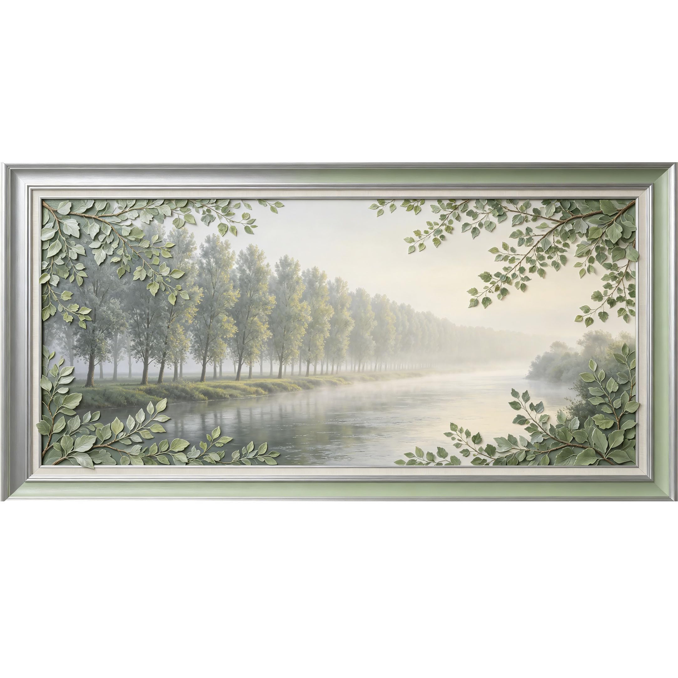 Agglomerix 3D Framed Wall Art Misty River Forest Landscape Botanical Relief Effect Large Size SelfAdhesive Removable Wall Decor Prints Artwork for Living Room Bedroom Office