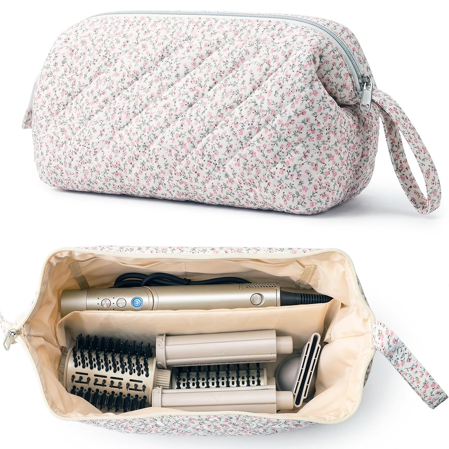 Quilted Hair Tools Travel Bag for Dyson Hair Dryer Airwrap, Floral Hair Tools Bag for Shark Flex Style Case, Hair Dryer, Curling Iron, Dustproof Travel Storage Organizer (Pink)