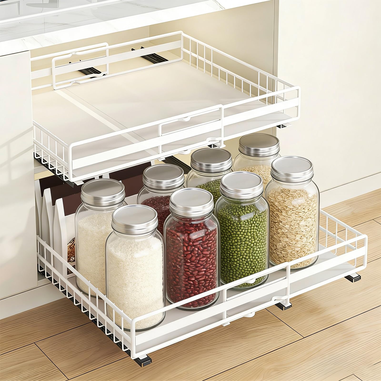 LANTUS Cesto Coulissan, porta spezie per bancone da cucina, organizer per bagno, cucina, ufficio, (31-49 cm e 32-51 cm) bianco