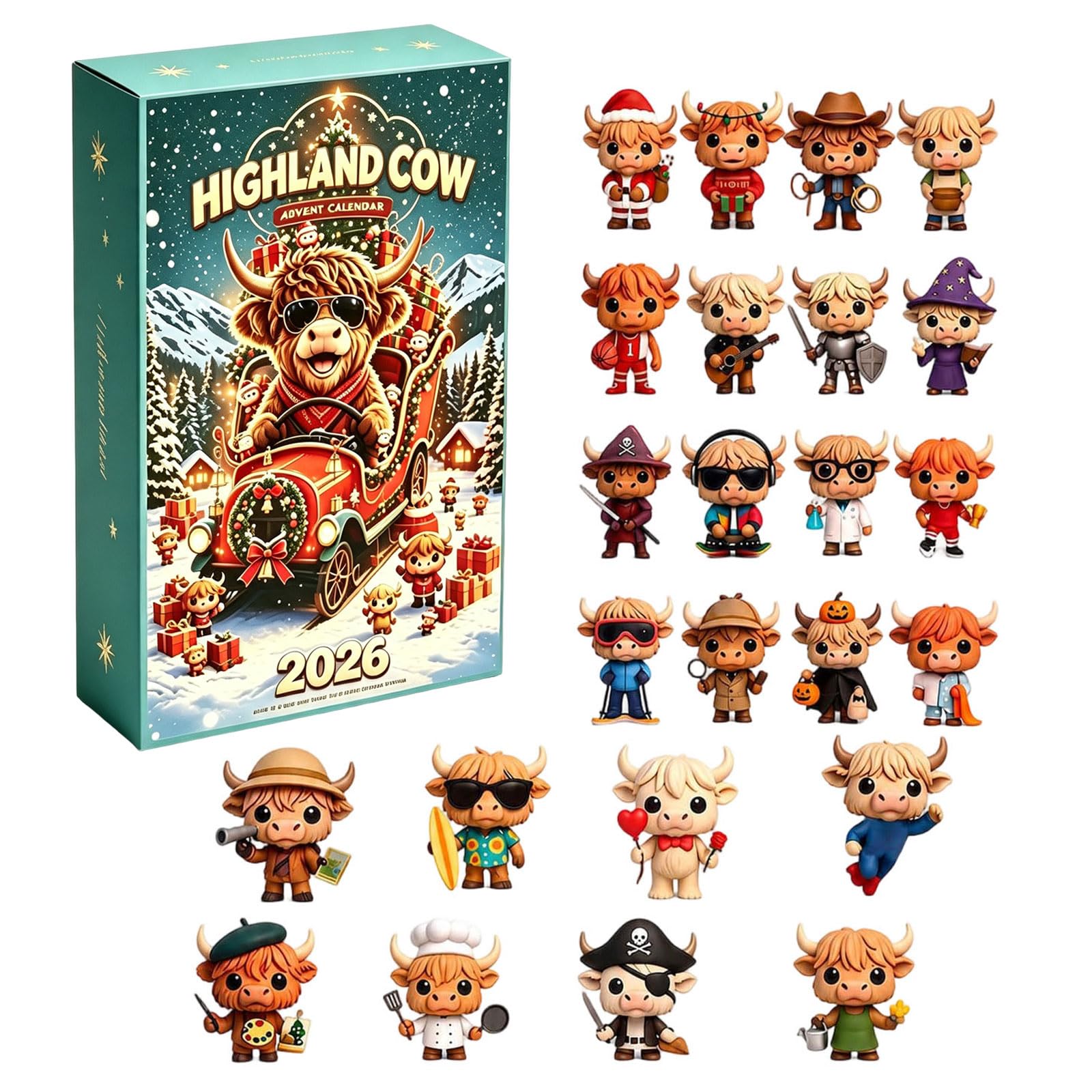 Highland Cow Advent Calendar 2026 with 24 3D Figurines Collectible Mini Statues Xmas Tree Decor Gift Set
