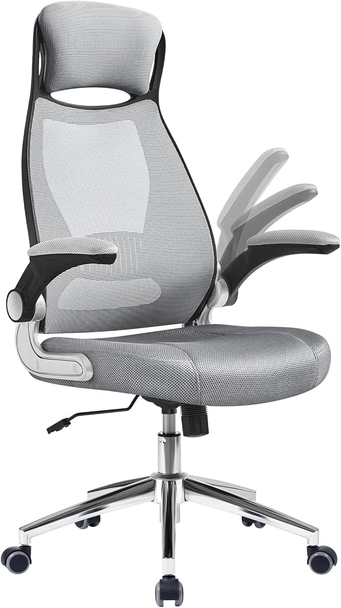 SONGMICS Silla de Oficina, Silla Giratoria, con Apoyabrazos Inclinables, Apoyacabezas y Soporte Lumbar, Mecanismo de Balanceo, Superficie de Malla, Gris Paloma OBN086G01