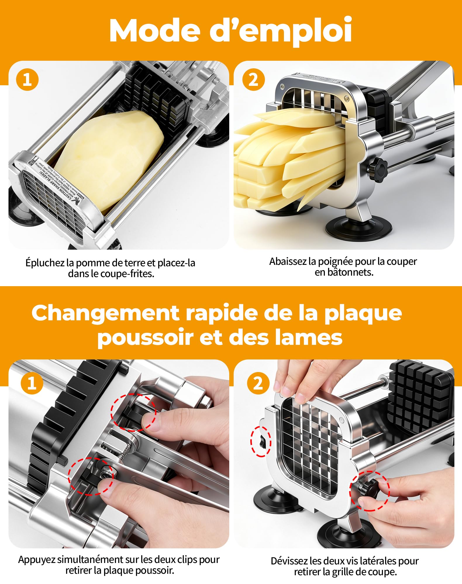 Coupe Frite Professionnel avec Lames 13 mm, 9 mm, 6.5 mm Coupe-Frites Manuel en Acier Inoxydable Coupe Patate frite pour Patates Douces, Carottes, Ignames et Concombres