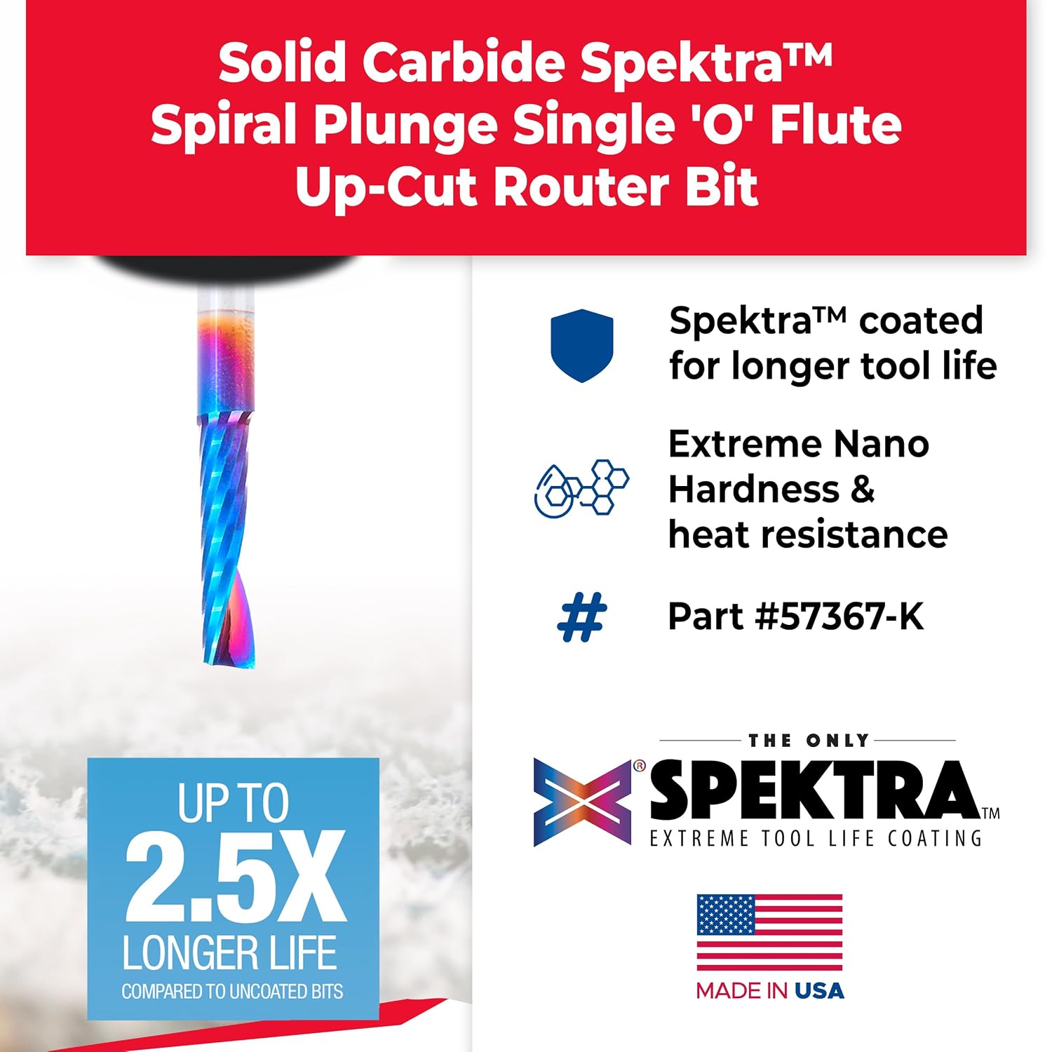 Amana Tool Spektra Coated Solid Carbide CNC Spiral Single O-Flute Router Bit, 57367-K, 1/4 D x 1 CH x 1/4 Shank x 2-1/2 Inch Long Up-Cut