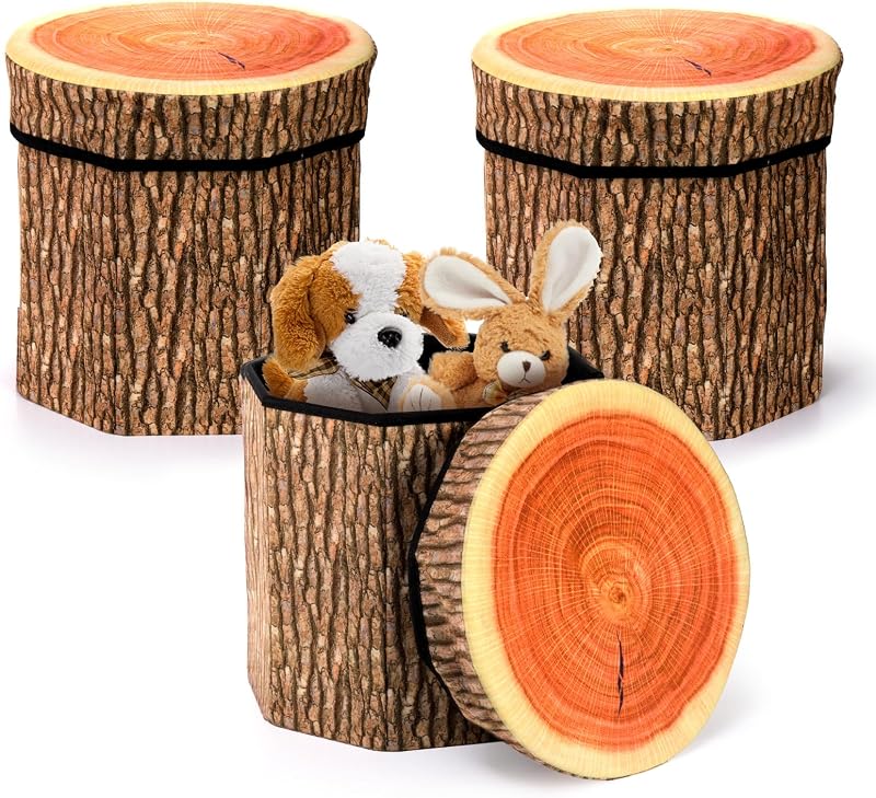 3 Pack Tree Stump Storage Stools, 12 x 12 Inches Folding Stool Ottoman with Foam Cushion, Collapsible Storages Seat Chest, Vintage Storage Toy Box Wood Stump Organizer Stools for Toy