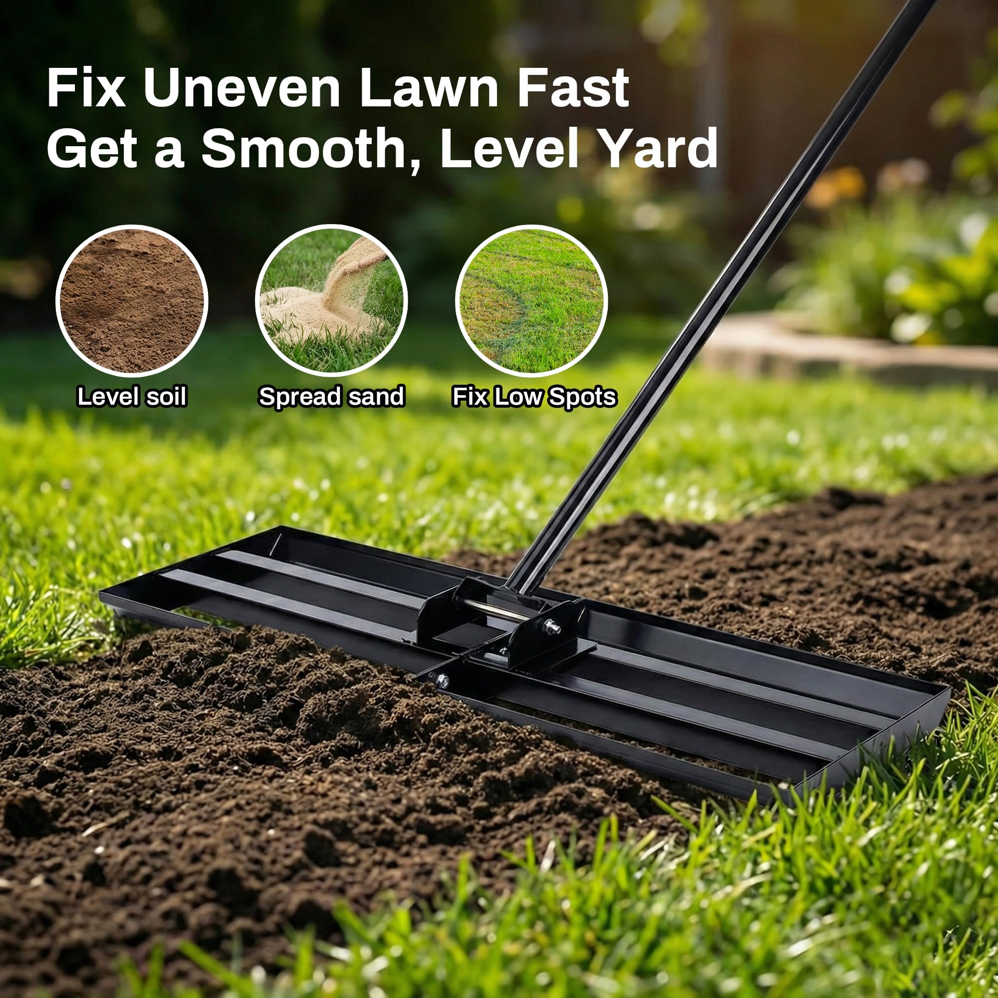 Rasen-Nivellierungsrechen 75x25 cm mit 2 m verstellbarem Stiel – Stabiler Rasenglätter & Nivellierrechen zum Rasen Einebnen, für Erde, Sand, Topdressing und Gartenpflege