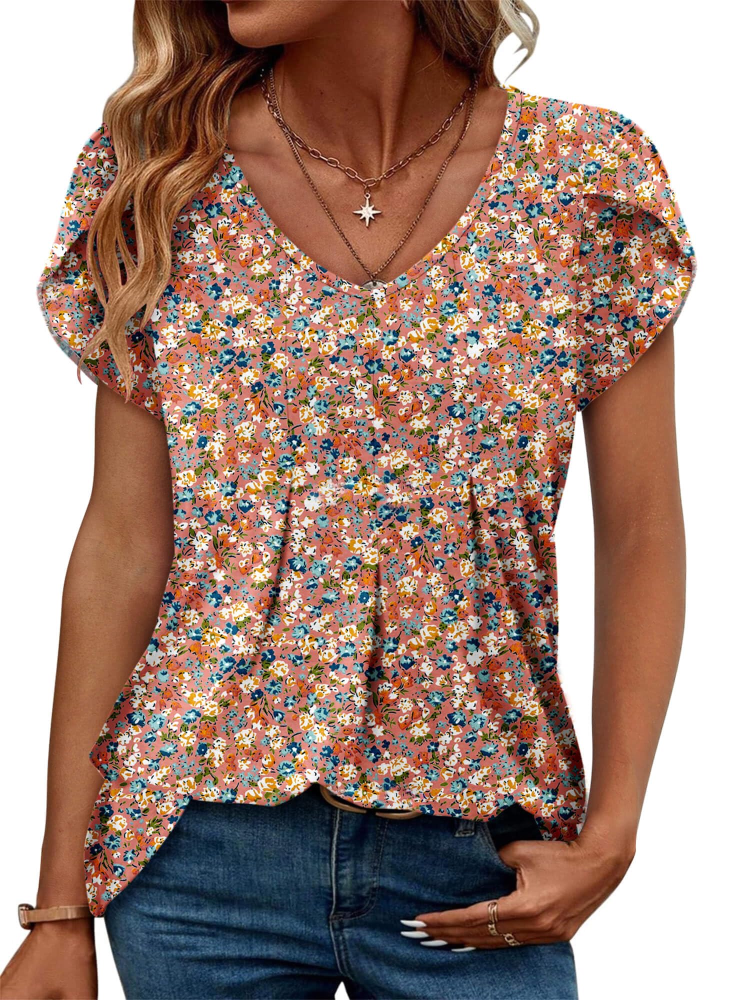 ONLYSHE Womens Short Sleeve Tunic Tops Summer Henley Shirts V-neck Blouse Casual Trendy Pleated Tee Tops for Leggings