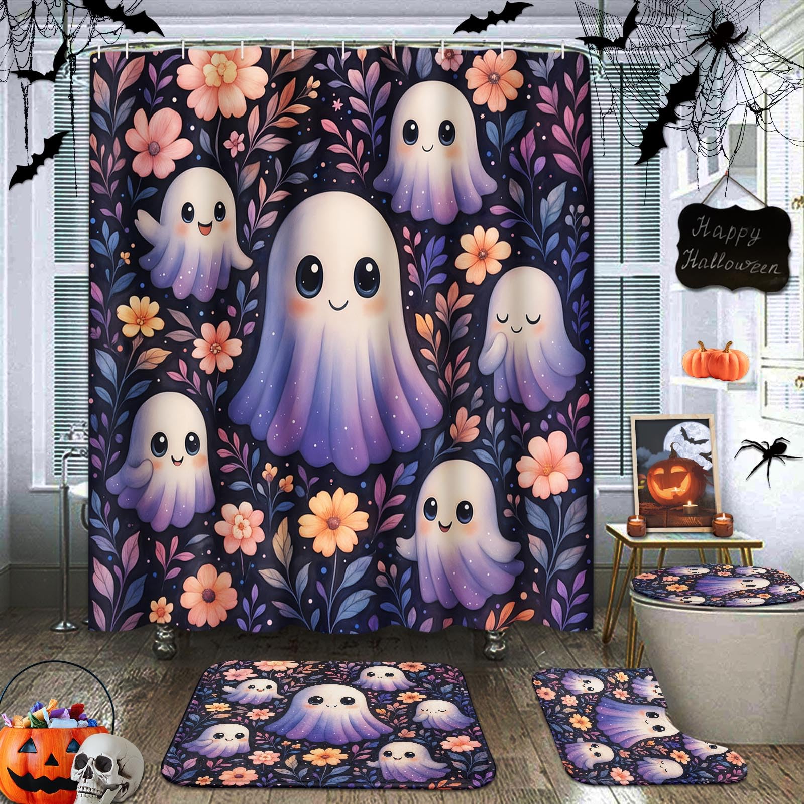 Rideau de douche Halloween floral violet pour transformer votre ambiance de bain