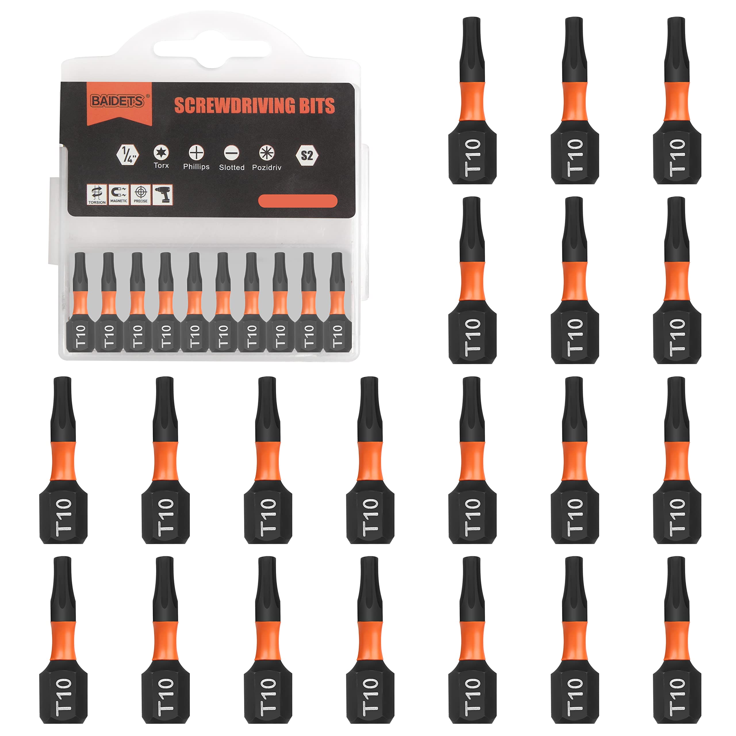 BAIDETS Pro Bit-Sortiment - Schraubendreher Bits Set 20 Stück, 25mm Länge, Schrauber-Bit, 1/4" Sechskantschaft, mit Spender-Box