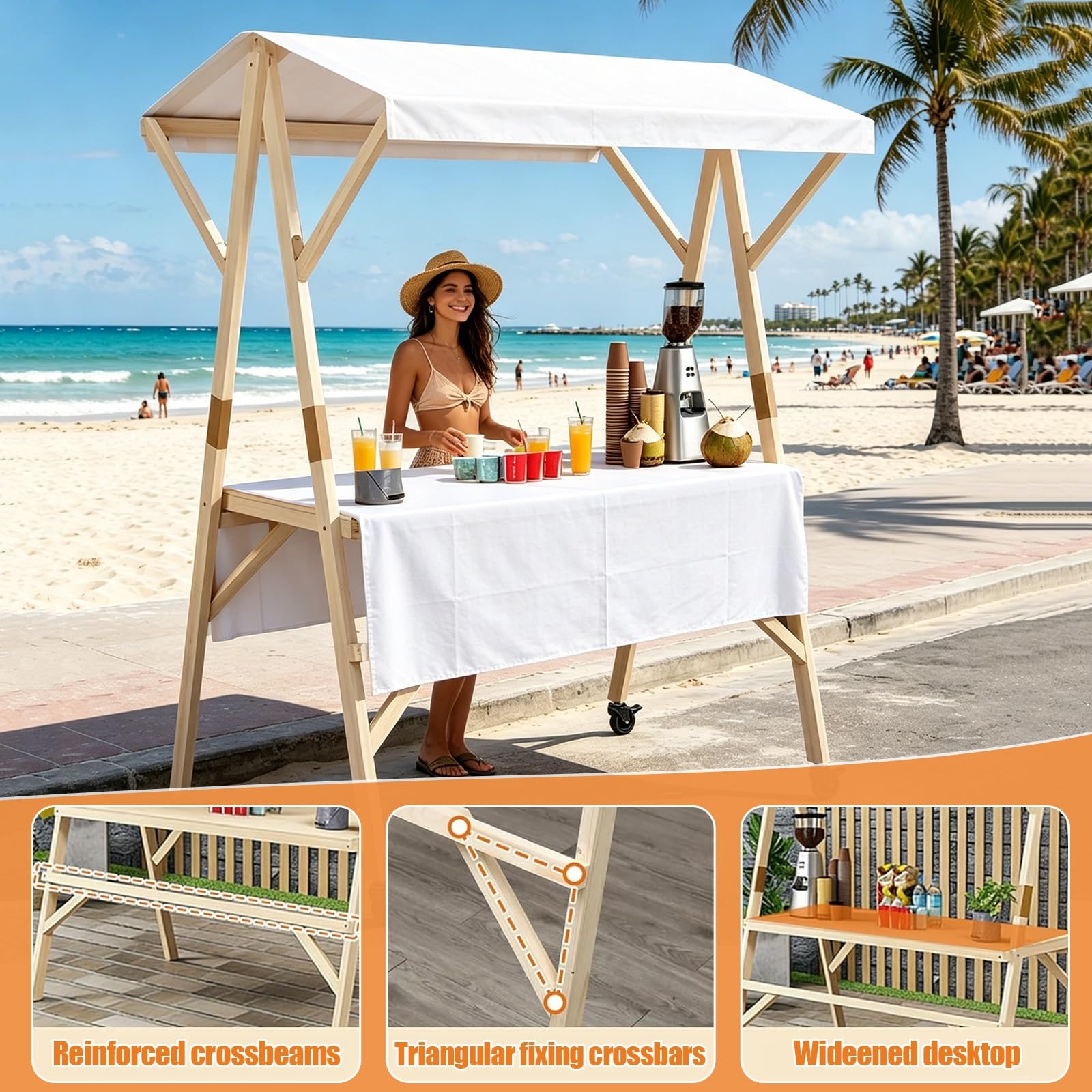 Stand Marché Chariot Pliable, Étal de Marché en Bois avec auvent, Kiosque Mobile Portable pour la Restauration de Rue, Stand de Marchés Commercial(Red A,120cm/47.2in)