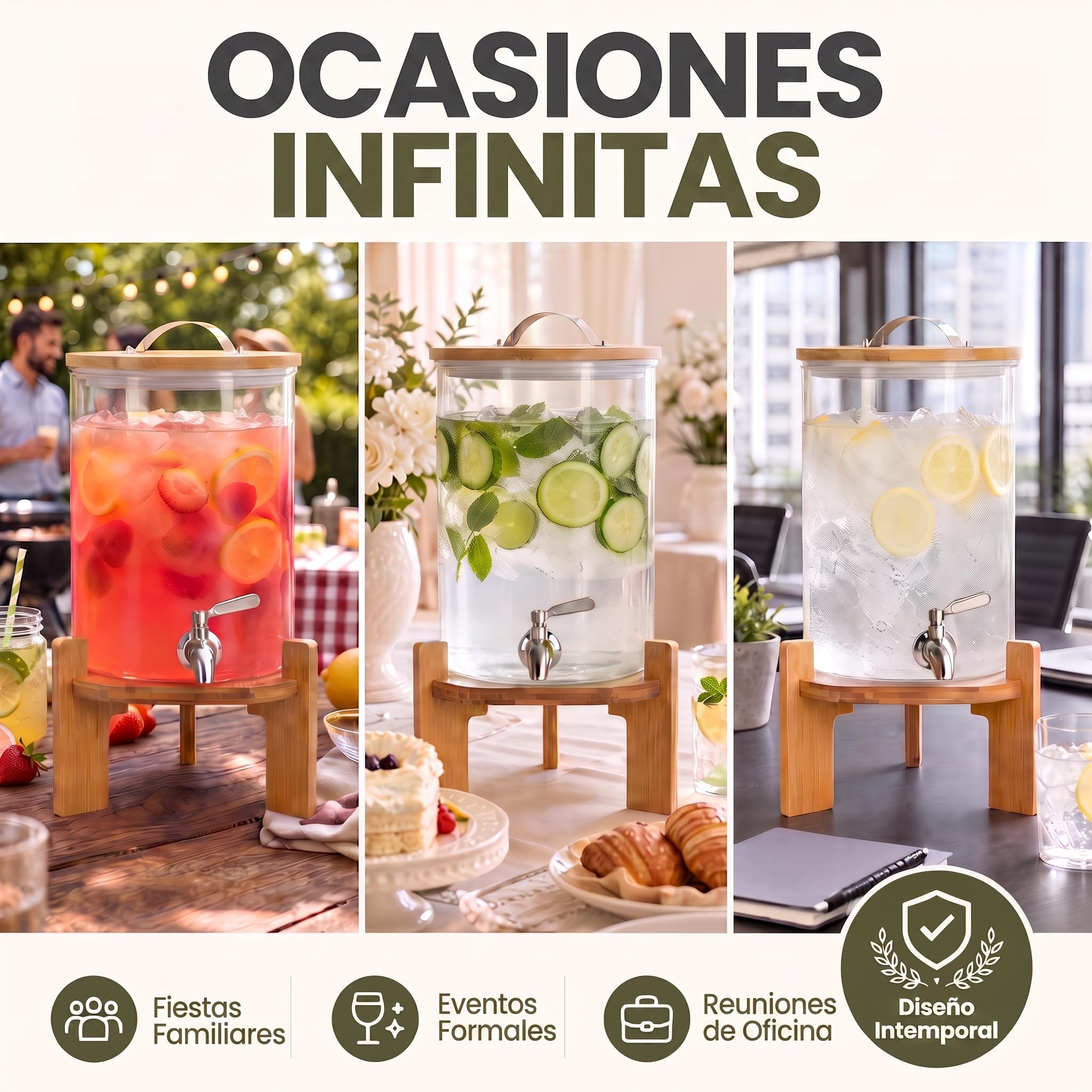 DIMONO® Dispensador de Bebidas de Vidrio con Grifo, 8 L | Vidrio borosilicato resistente al calor - grifo antigoteo de acero inoxidable - soporte y tapa de bambú